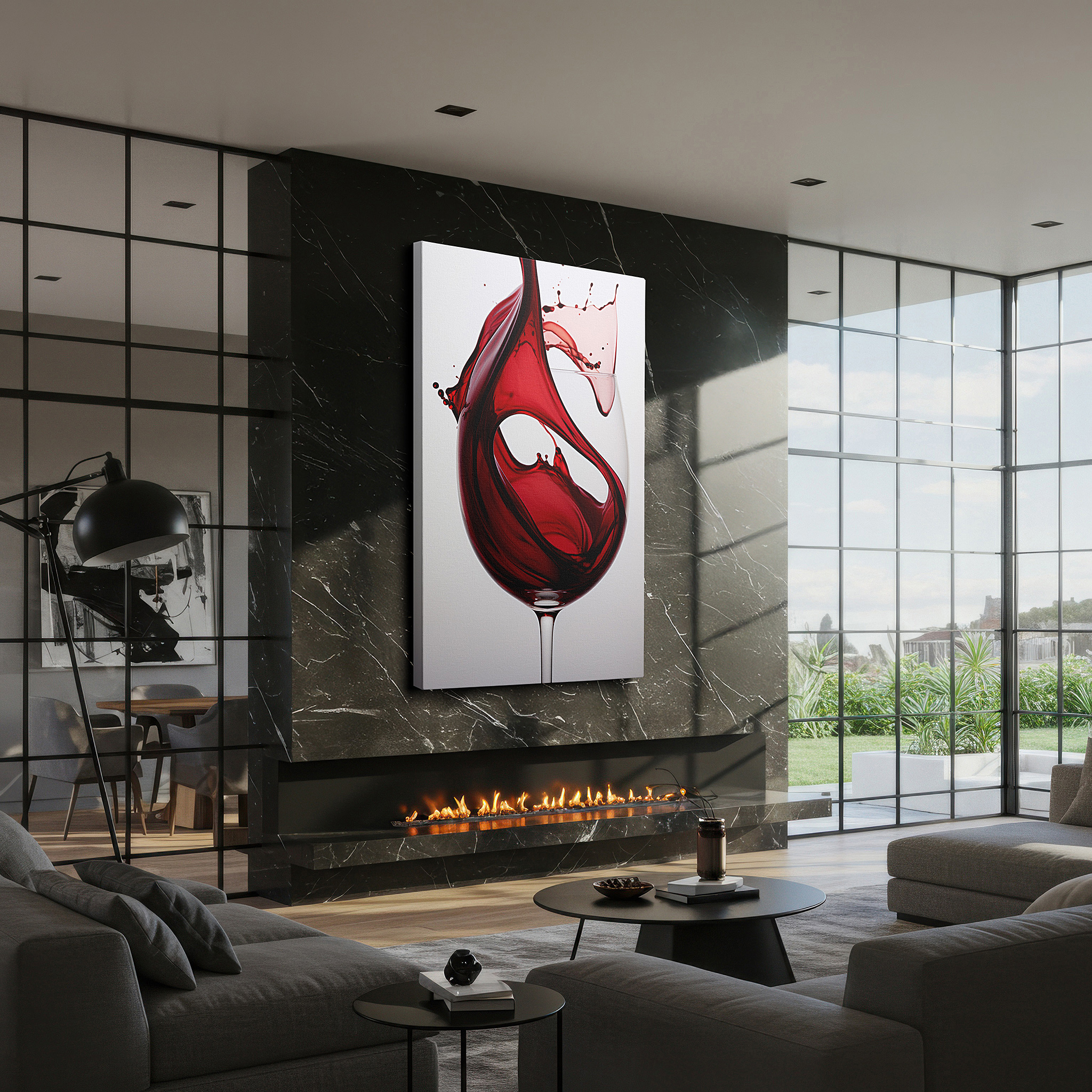 Bathed in morning sunlight streaming through sheer curtains — red wine splash canvas art: a captivating display of elegance and chaos for home and office decor