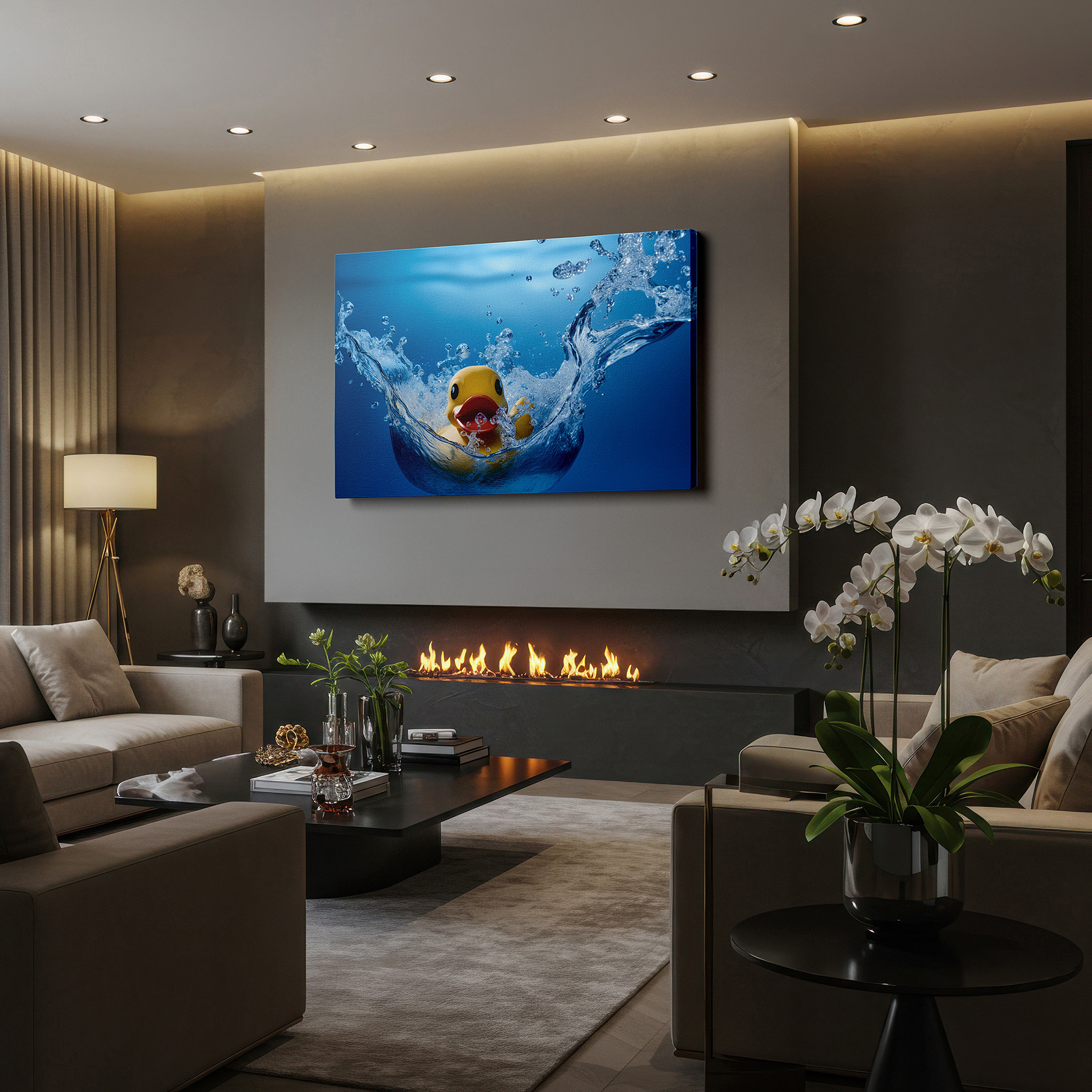 Bathed in morning sunlight streaming through sheer curtains — rubber duck wall art: dive into joy with a playful rubber duck in crystal-clear waters - large canvas art for home and office decor