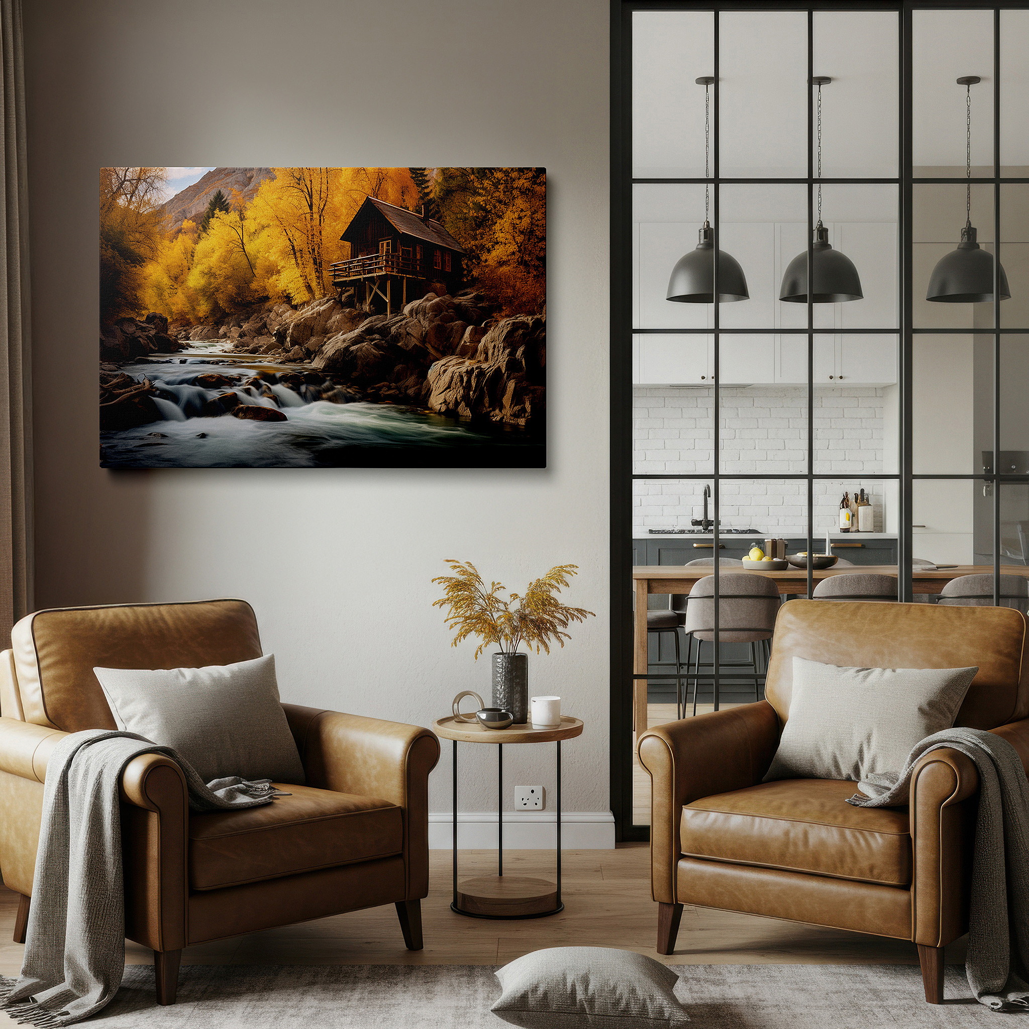 Bathed in morning sunlight streaming through sheer curtains — rustic cabin and stream canvas wall art with vibrant autumn foliage for office and bedroom decor