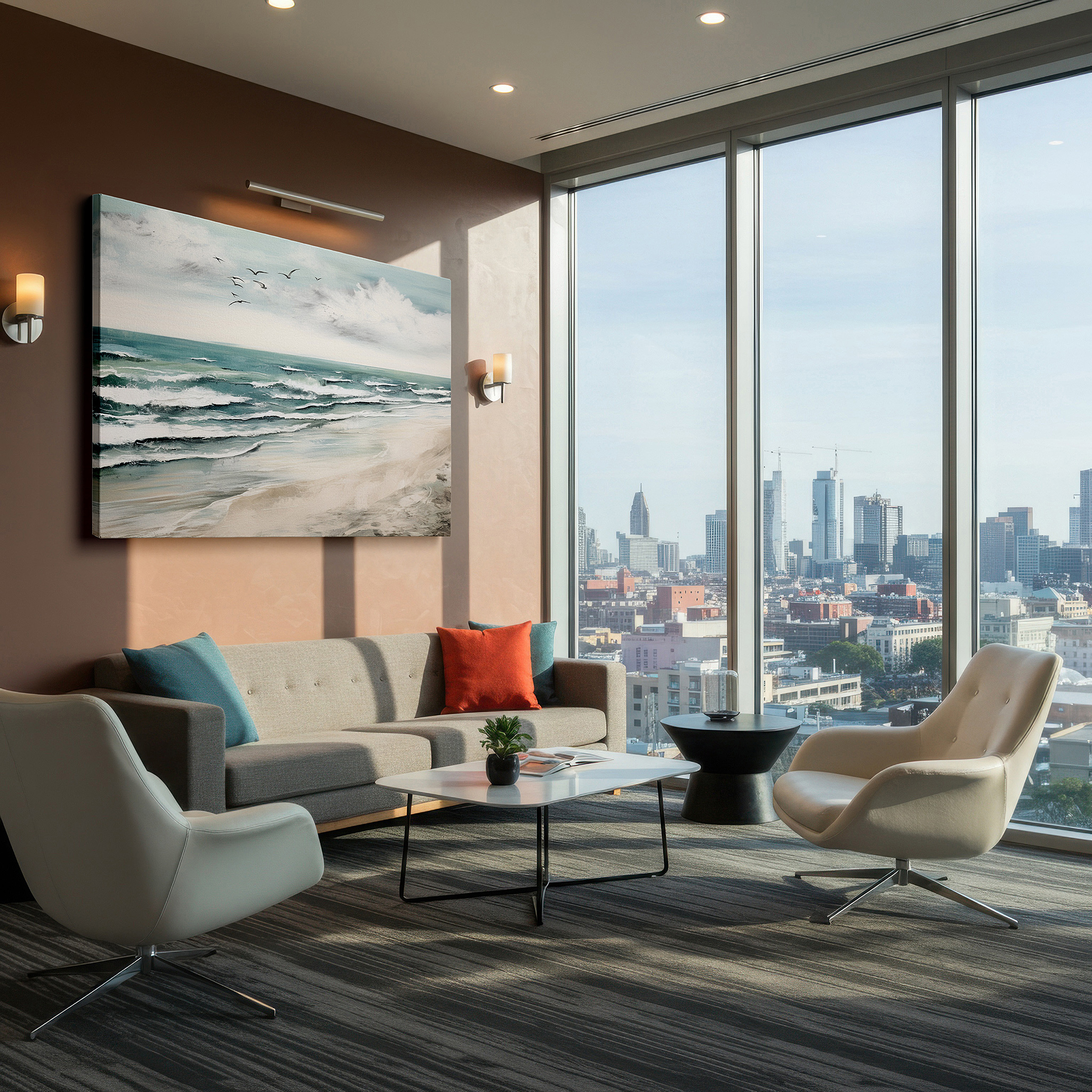 Bathed in morning sunlight streaming through sheer curtains — serene beach scene with gentle waves and soft sky: tranquil coastal escape large wall art, canvas wall art, wall decor for office and bedroom