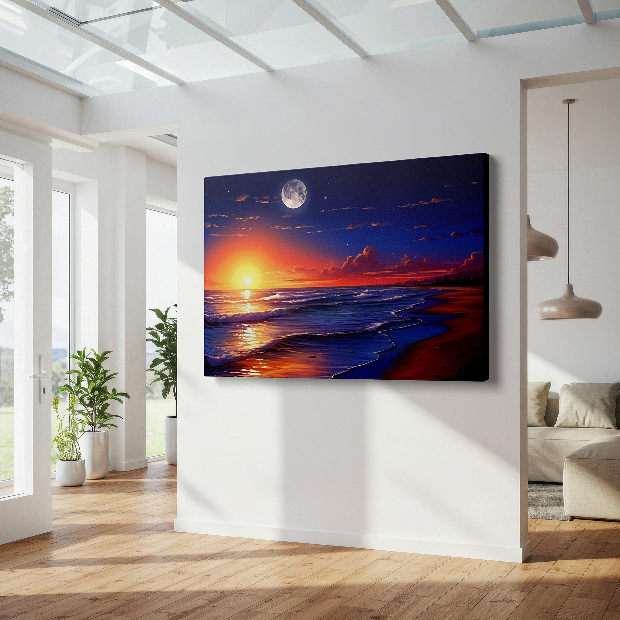 Bathed in morning sunlight streaming through sheer curtains — serene beach sunset and glowing moon over ocean waves - large canvas wall art for office, bedroom, and living room decor