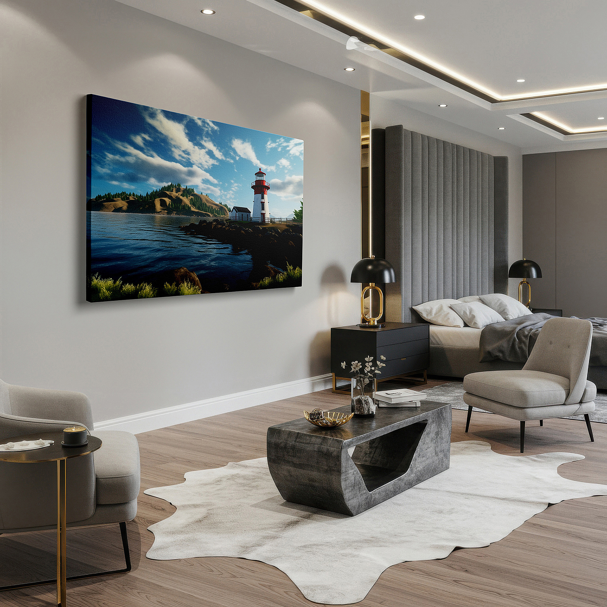 Bathed in morning sunlight streaming through sheer curtains — serene coastal scene featuring prominent lighthouse surrounded by verdant greenery and tranquil waters - large canvas wall art for home and office decor