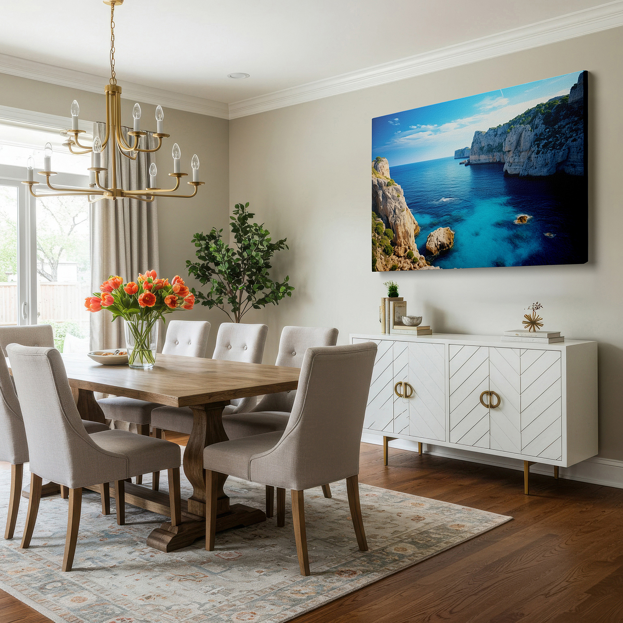 Bathed in morning sunlight streaming through sheer curtains — serene coastal scene with vibrant blue sky and turquoise waters against rugged cliffs, large canvas wall art for home and office decor
