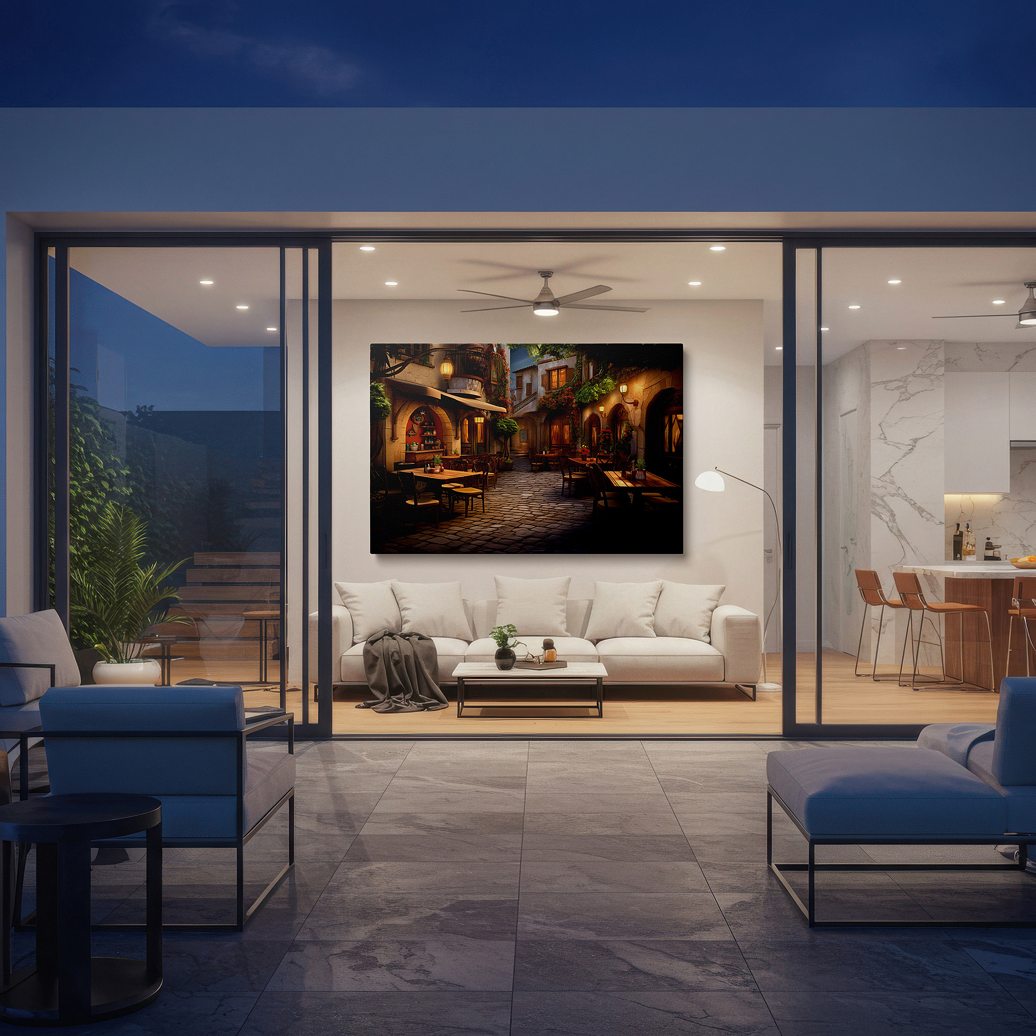 Bathed in morning sunlight streaming through sheer curtains — serene evening in a quaint village: dusk light and cobblestone whispers large canvas wall art for home and office decor