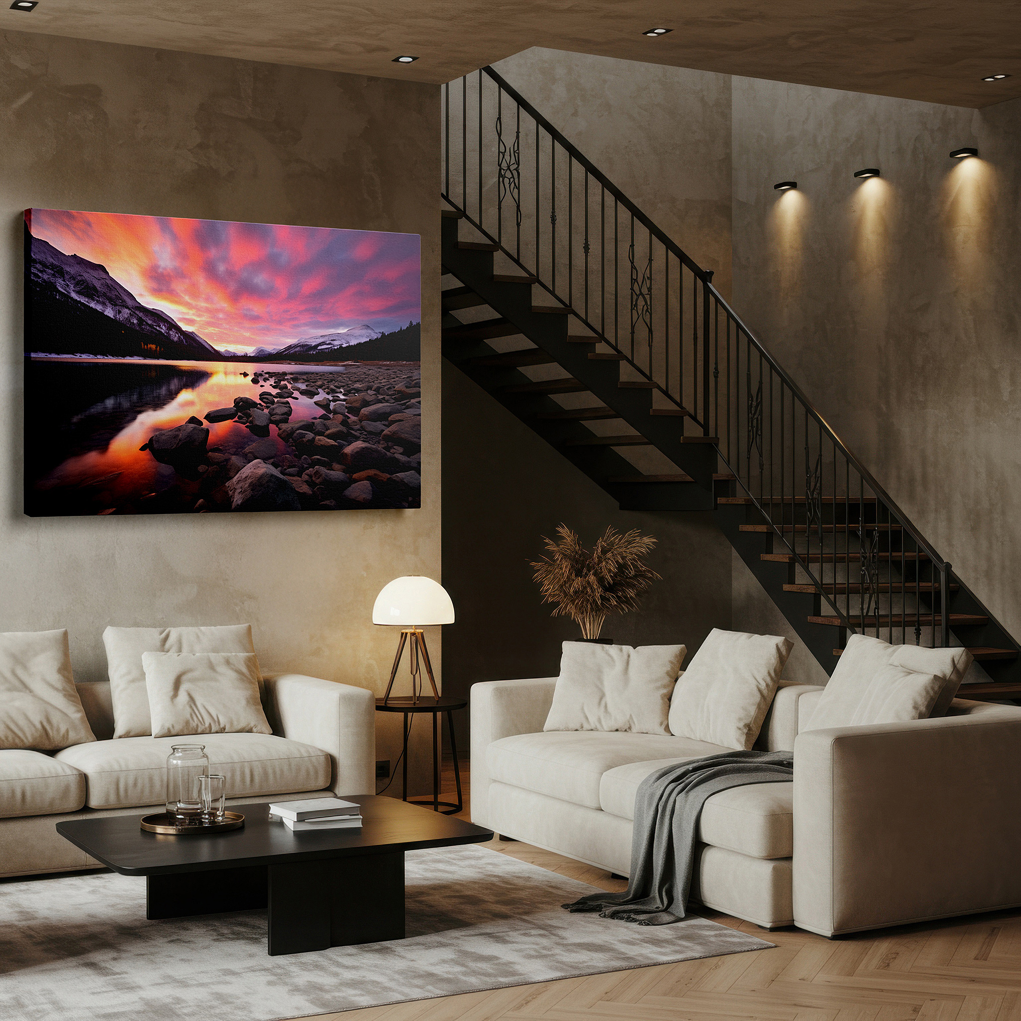 Bathed in morning sunlight streaming through sheer curtains — serene lake and vibrant sunset reflections with majestic mountains large wall art, canvas wall art, wall decor for office and bedroom