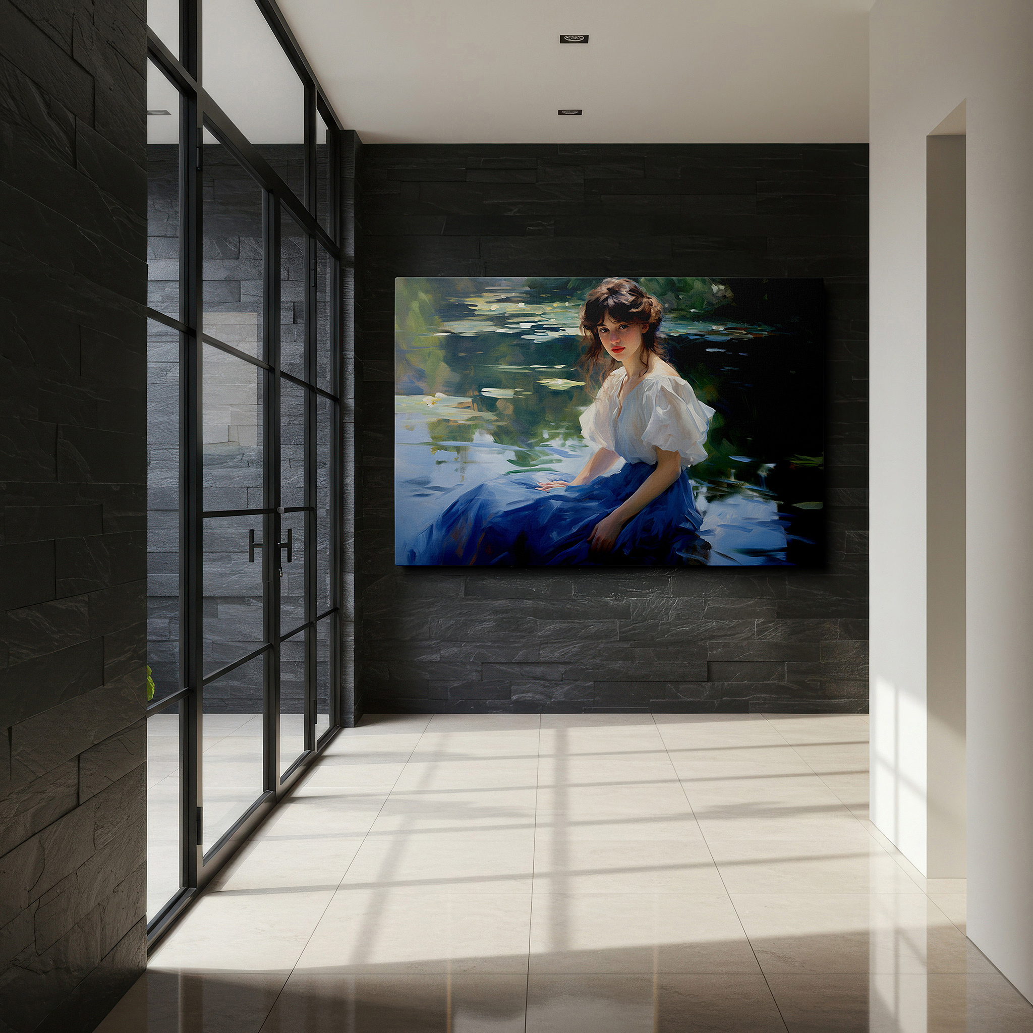 Bathed in morning sunlight streaming through sheer curtains — serene reflections of a young woman by a tranquil pond: large canvas wall art for office and bedroom decor