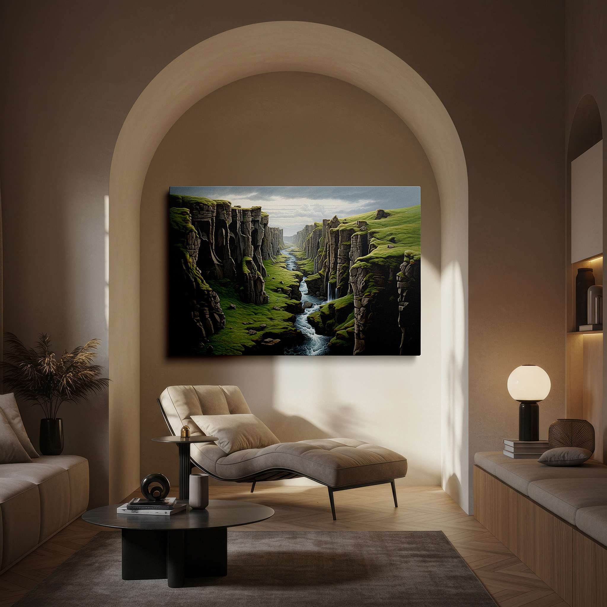 Bathed in morning sunlight streaming through sheer curtains — serene river and majestic cliffs in a spacious canyon scene large wall art, canvas wall art, wall decor for office, bedroom wall decor, living room art