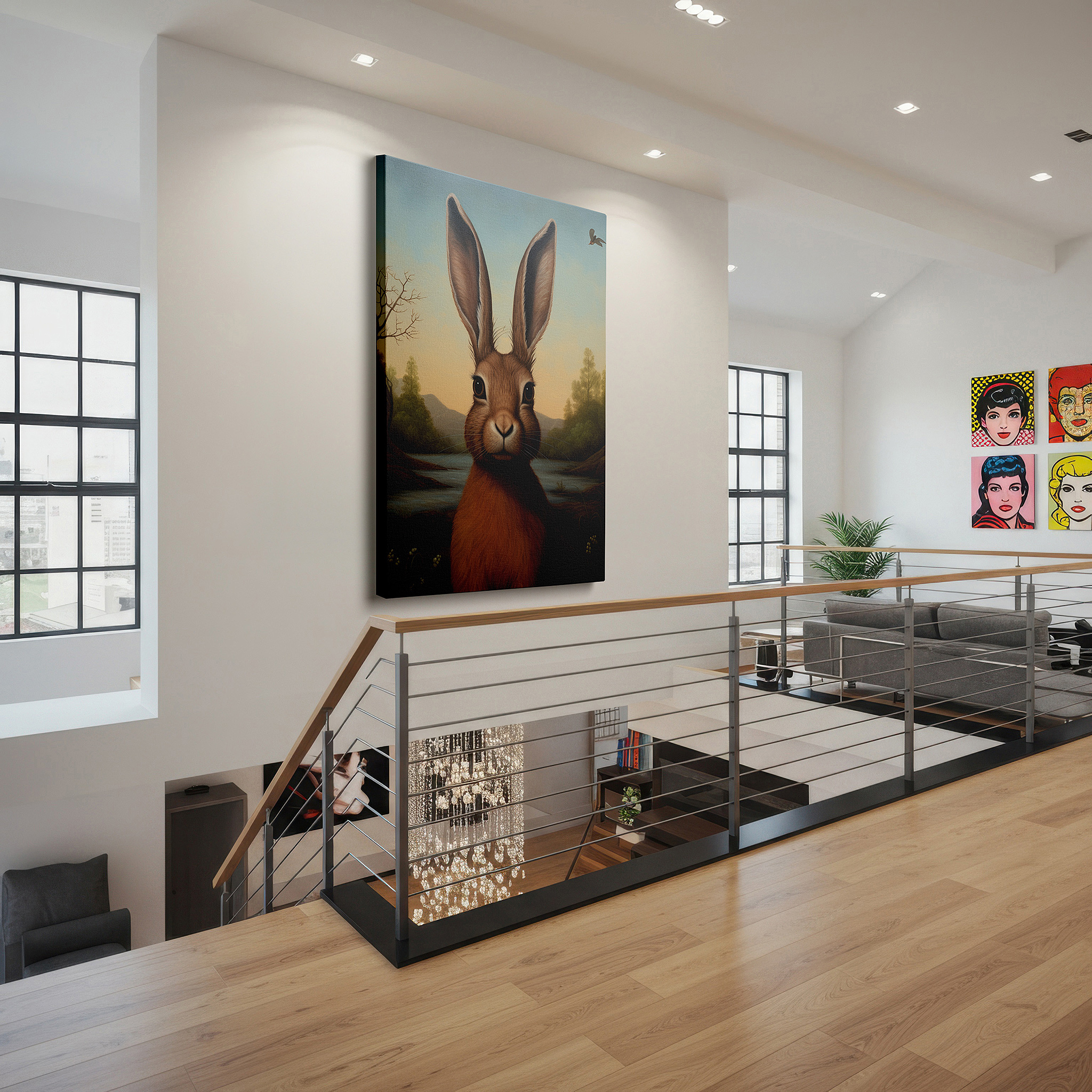 Bathed in morning sunlight streaming through sheer curtains — serene riverside rabbit: large canvas wall art featuring nature and wildlife, perfect for office decor