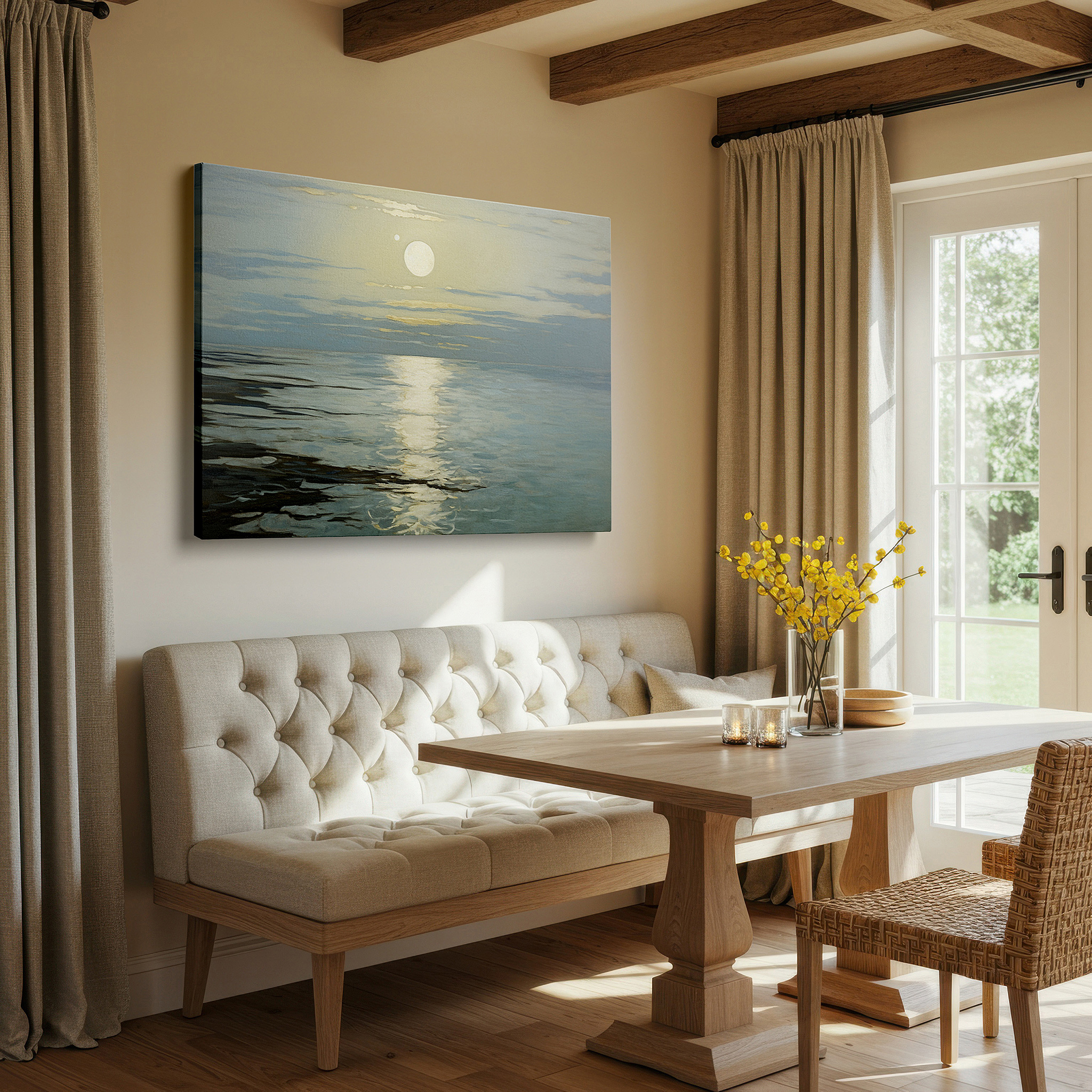 Bathed in morning sunlight streaming through sheer curtains — serene seascape featuring gentle sunset reflections on calm ocean waters - large canvas wall art for office and bedroom decor