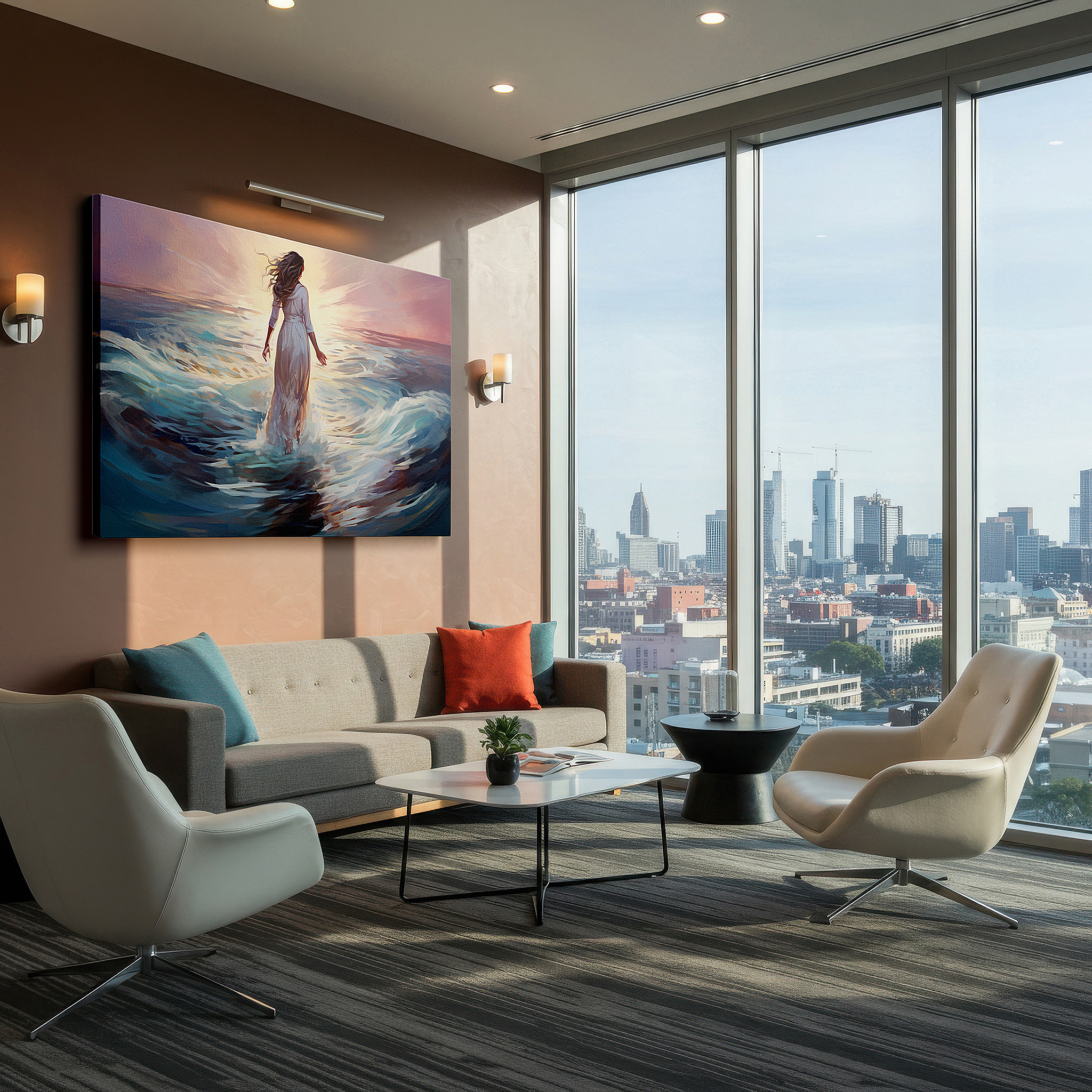 Bathed in morning sunlight streaming through sheer curtains — serene solitude at sunset - tranquil seascape featuring a woman enveloped by the ocean large wall art, canvas wall art, wall decor for office