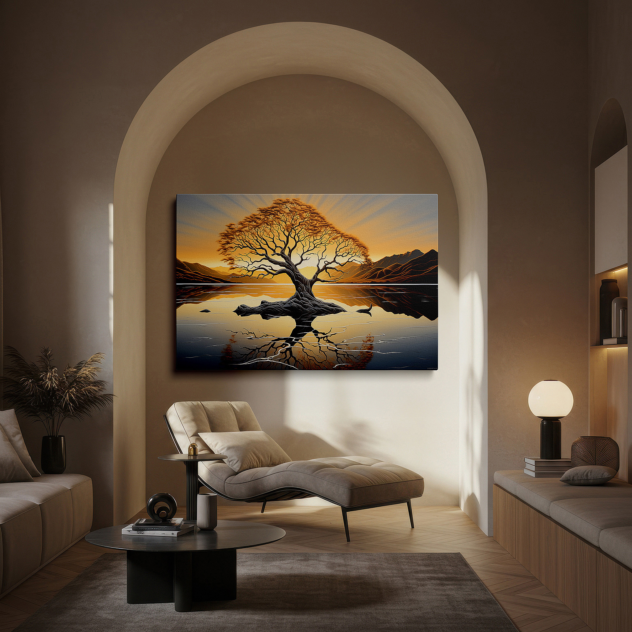Bathed in morning sunlight streaming through sheer curtains — serene sunset and solitary tree reflection - peaceful scenery large wall art, canvas wall art, decorative wall art for office and bedroom
