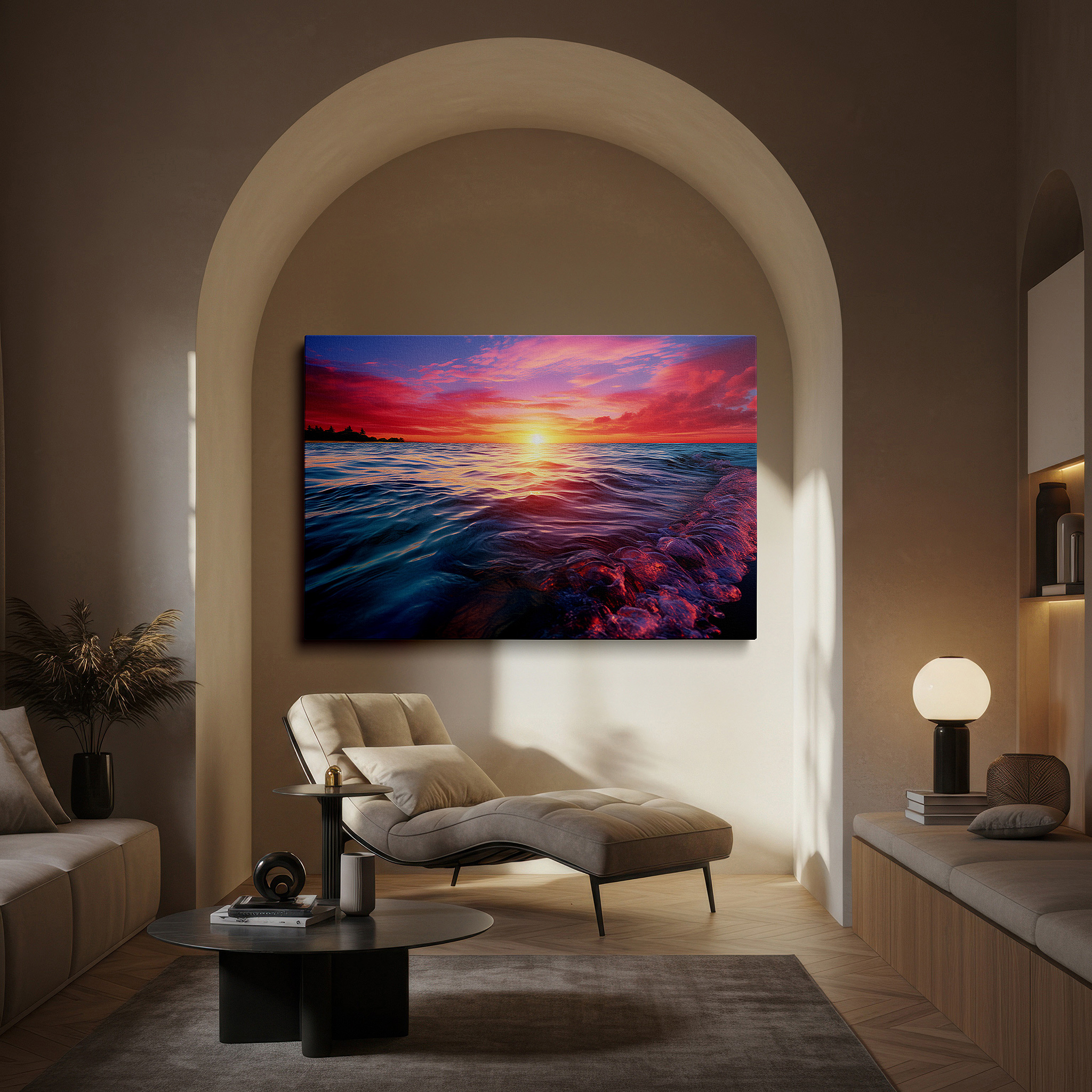 Bathed in morning sunlight streaming through sheer curtains — serene sunset over tranquil seascape: a symphony of fiery oranges and calming blues - large canvas wall art for office decor