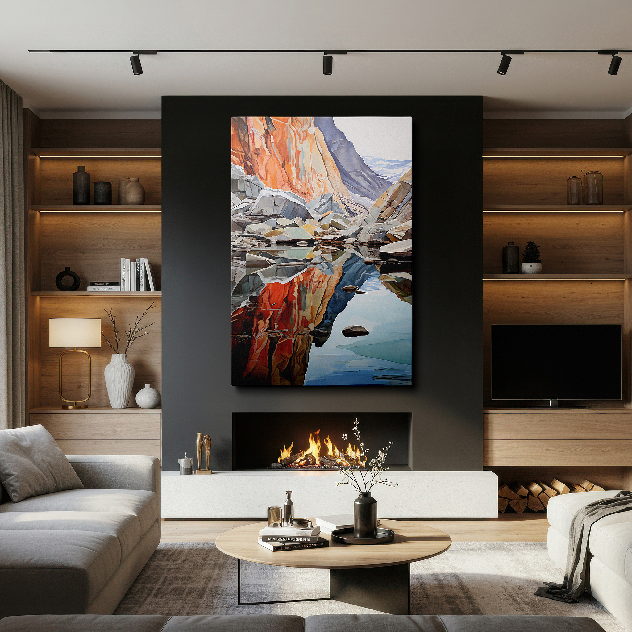 Bathed in morning sunlight streaming through sheer curtains — serene waters and grand rocks - nature's peaceful symphony large wall art, canvas wall art, wall decor for office and bedroom