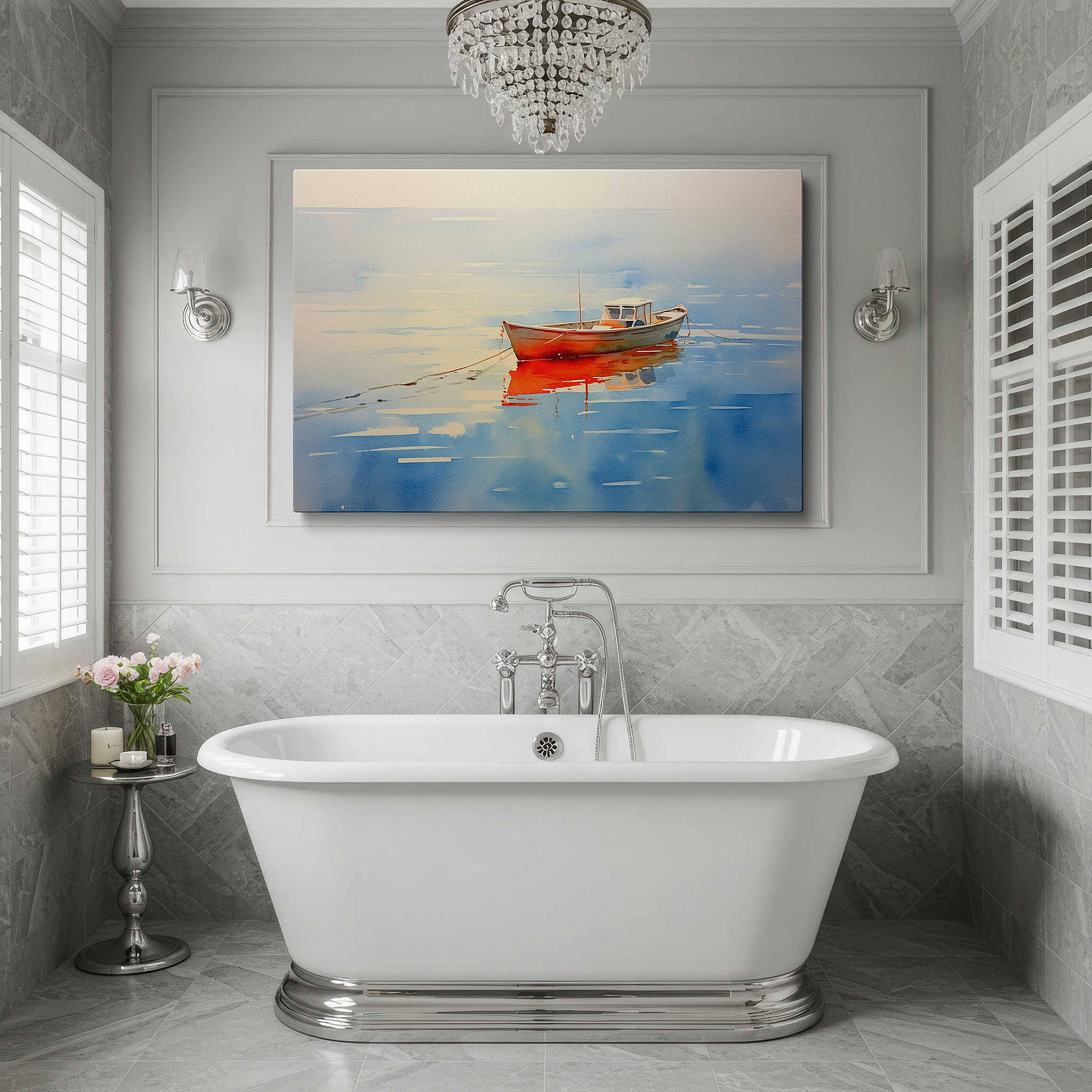 Bathed in morning sunlight streaming through sheer curtains — serene waters and solitary boat: a tranquil reflection - large canvas wall art for office and bedroom decor