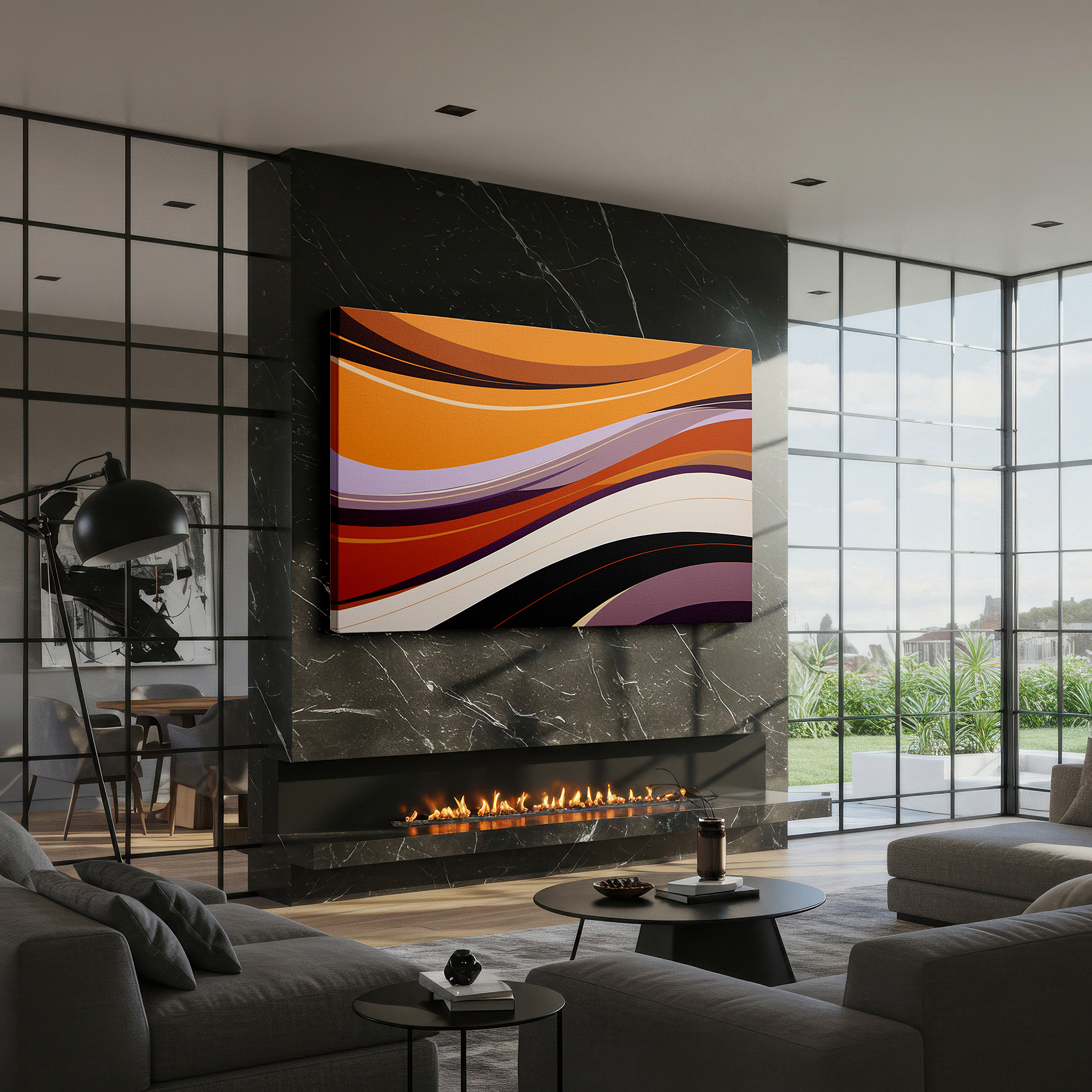 Bathed in morning sunlight streaming through sheer curtains — serene waves of tranquility wall art in orange, purple, and neutral tones - large canvas for office and bedroom decor