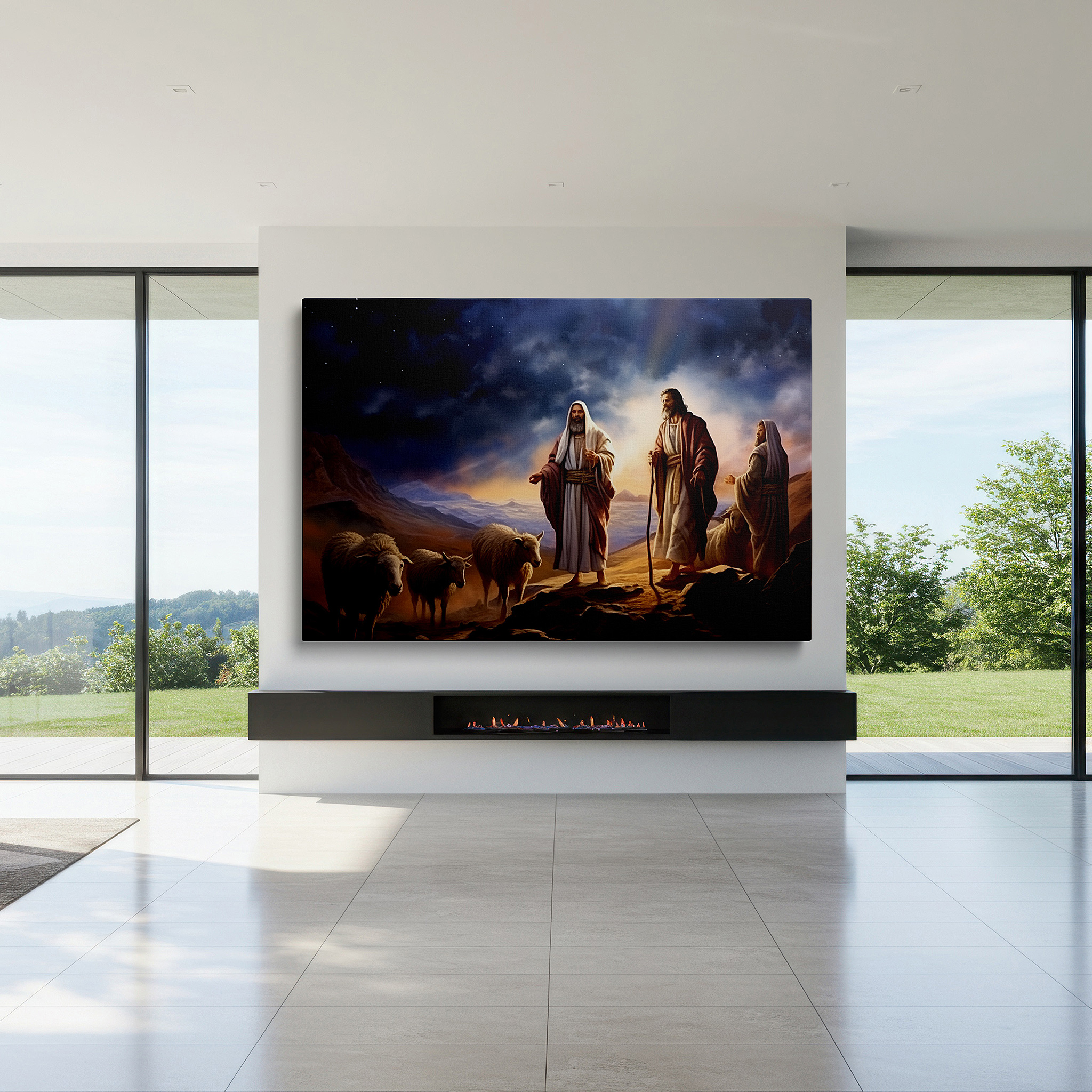 Bathed in morning sunlight streaming through sheer curtains — shepherd's guidance in a twilight valley wall art: serene landscape of companionship and wisdom - large canvas wall art for home and office decor
