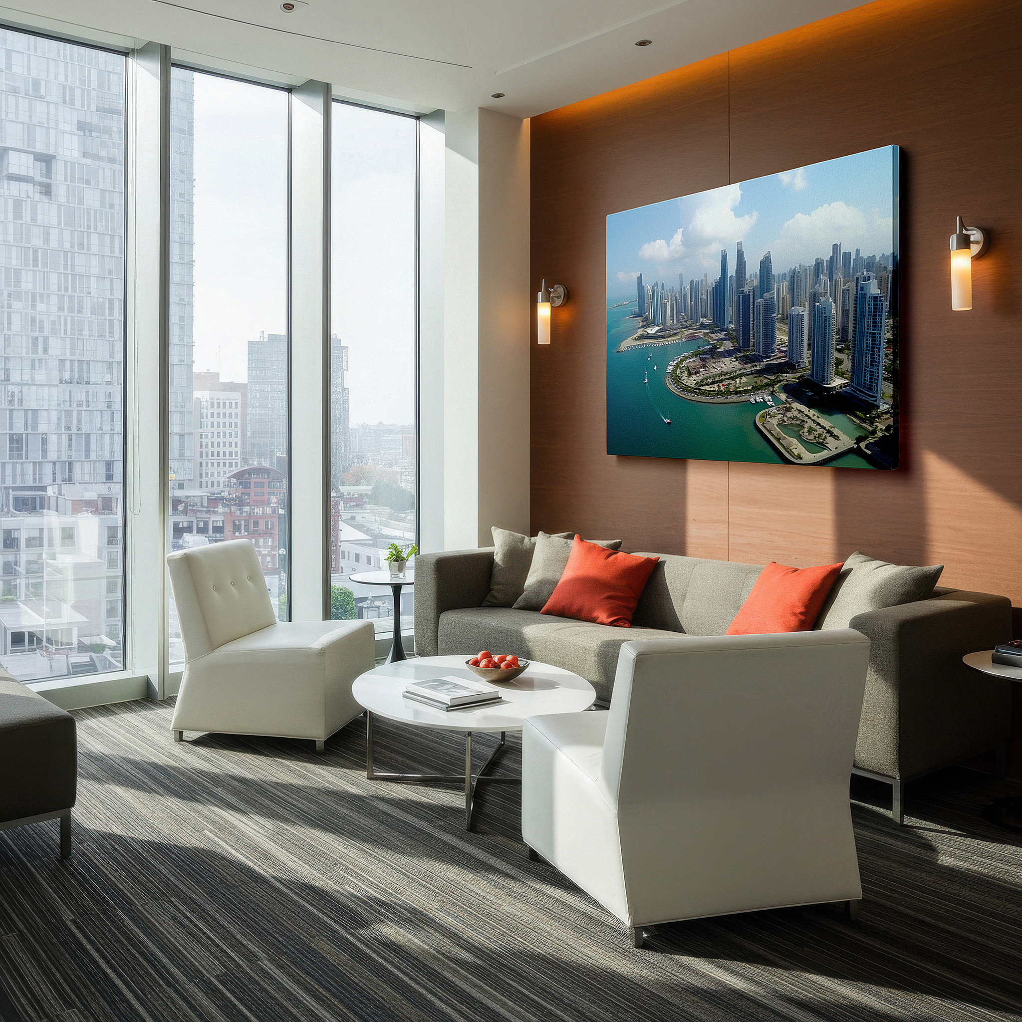 Bathed in morning sunlight streaming through sheer curtains — skyscraper symphony: urban brilliance and architectural mastery - large canvas wall art for office decor