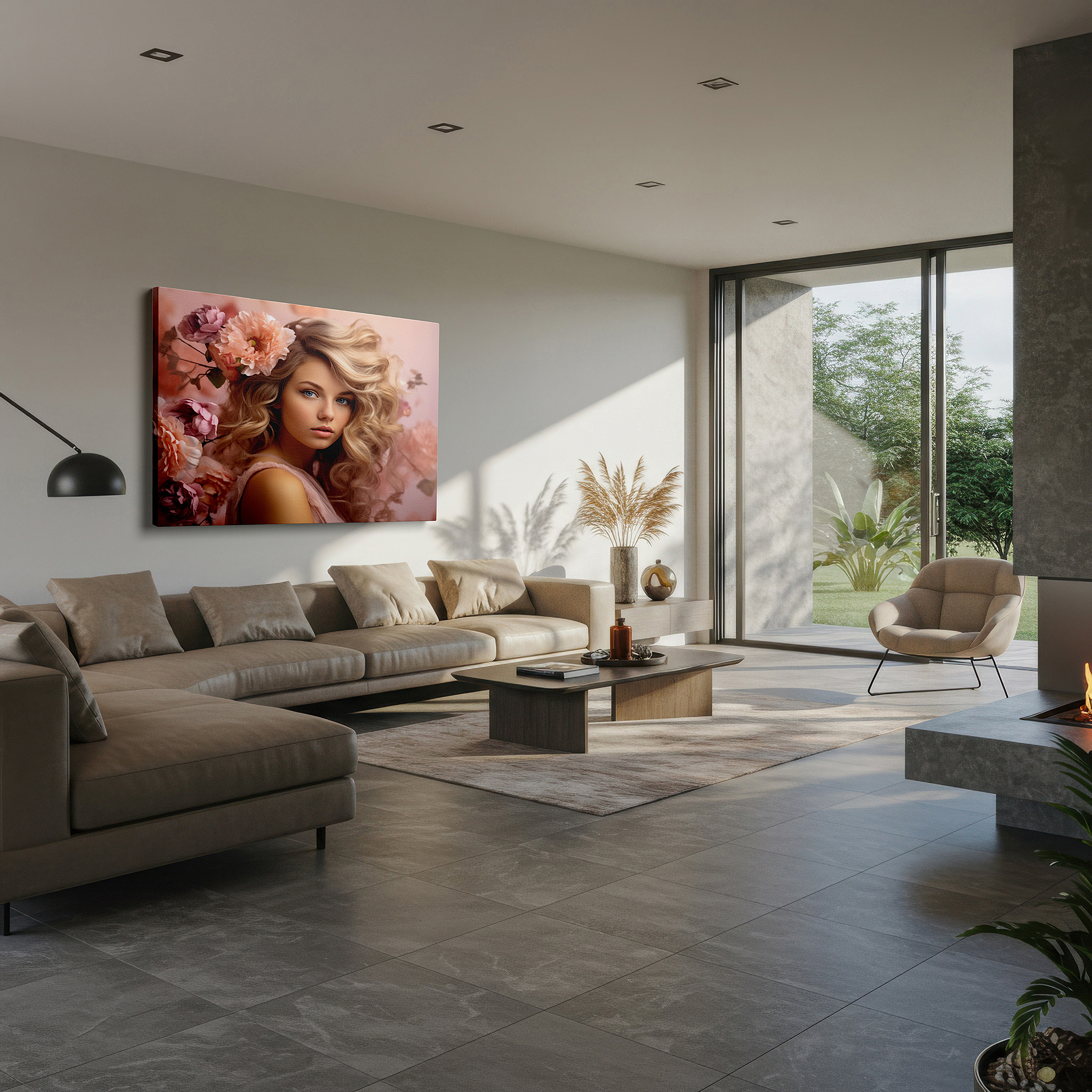 Bathed in morning sunlight streaming through sheer curtains — soft pink blossoms: a serene and tranquil portrait of feminine grace - large canvas wall art for home and office decor