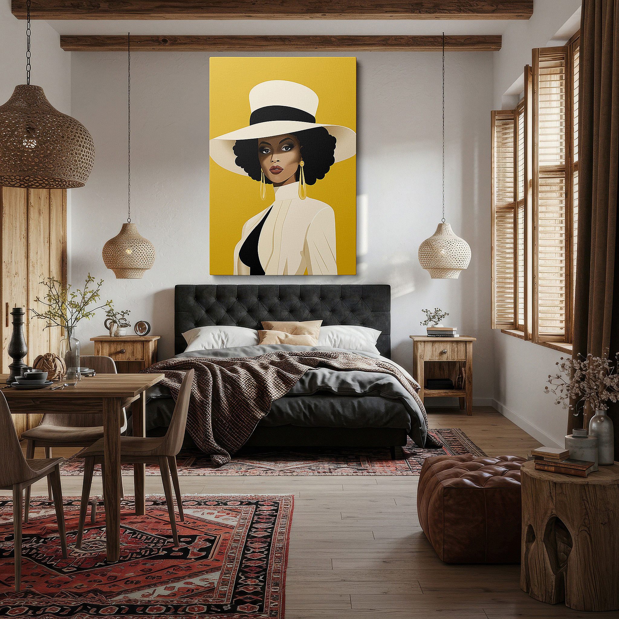 Bathed in morning sunlight streaming through sheer curtains — sophisticated portrait with modern elegance in a chic hat, set against a vibrant yellow background - large canvas wall art for office decor