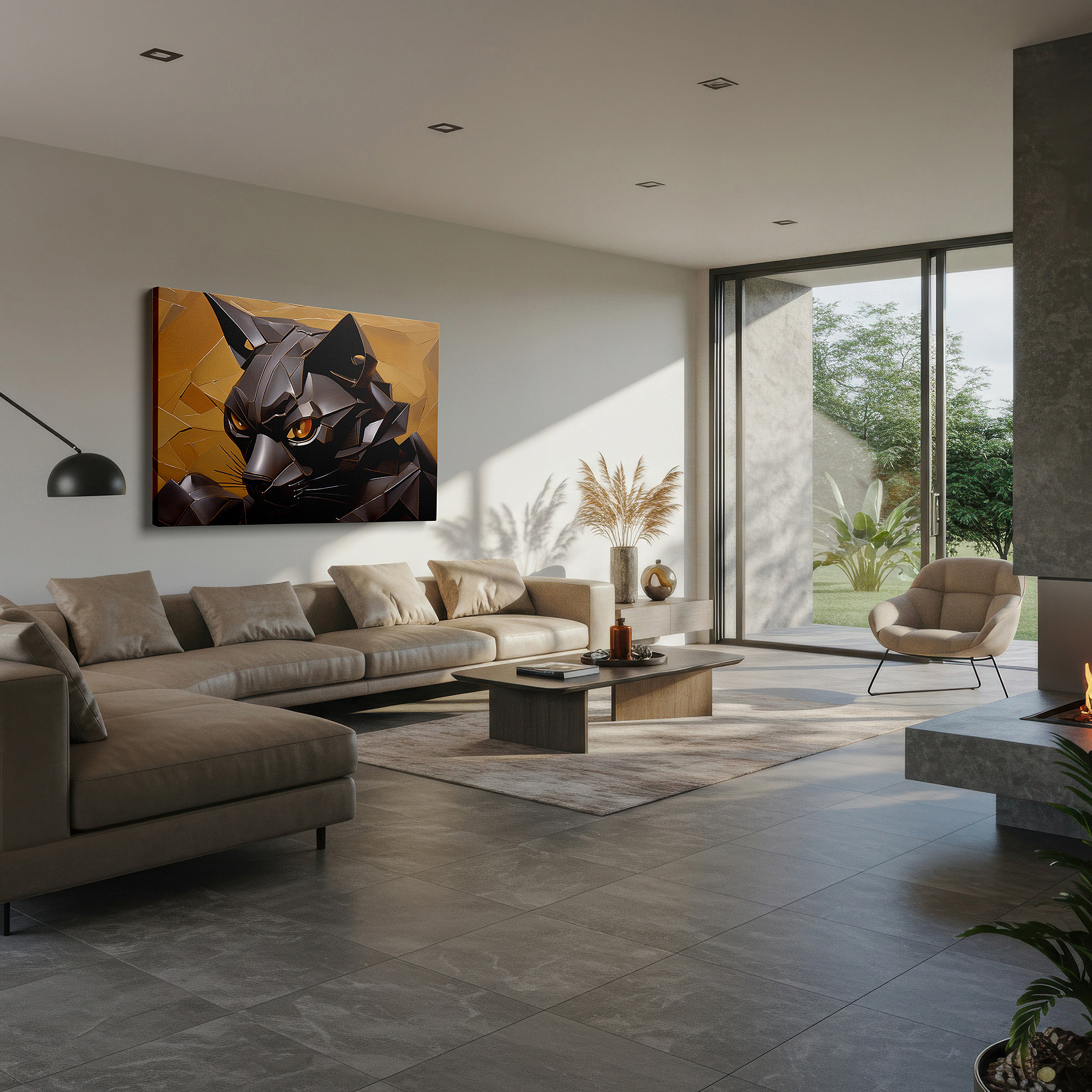 Bathed in morning sunlight streaming through sheer curtains — stunning large black cat sculpture wall art with bold geometric patterns and golden eyes, perfect for office or bedroom decor