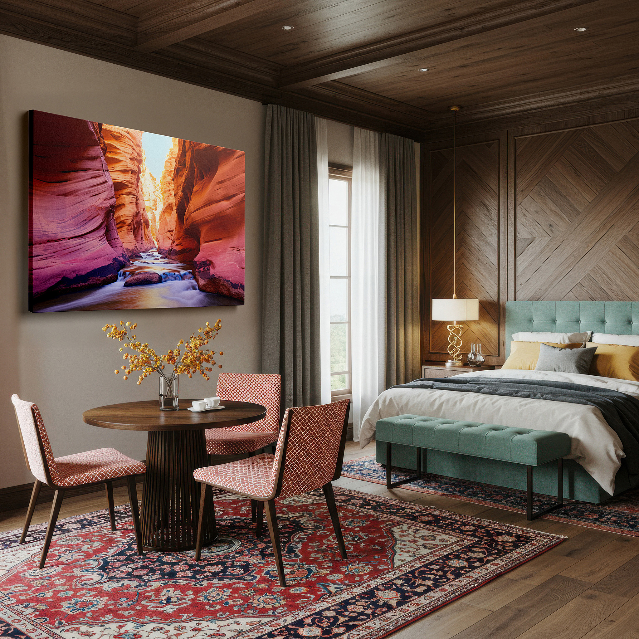 Bathed in morning sunlight streaming through sheer curtains — sunlit canyon with tranquil waters and ancient rocks large wall art, canvas decor for office, bedroom, and living room