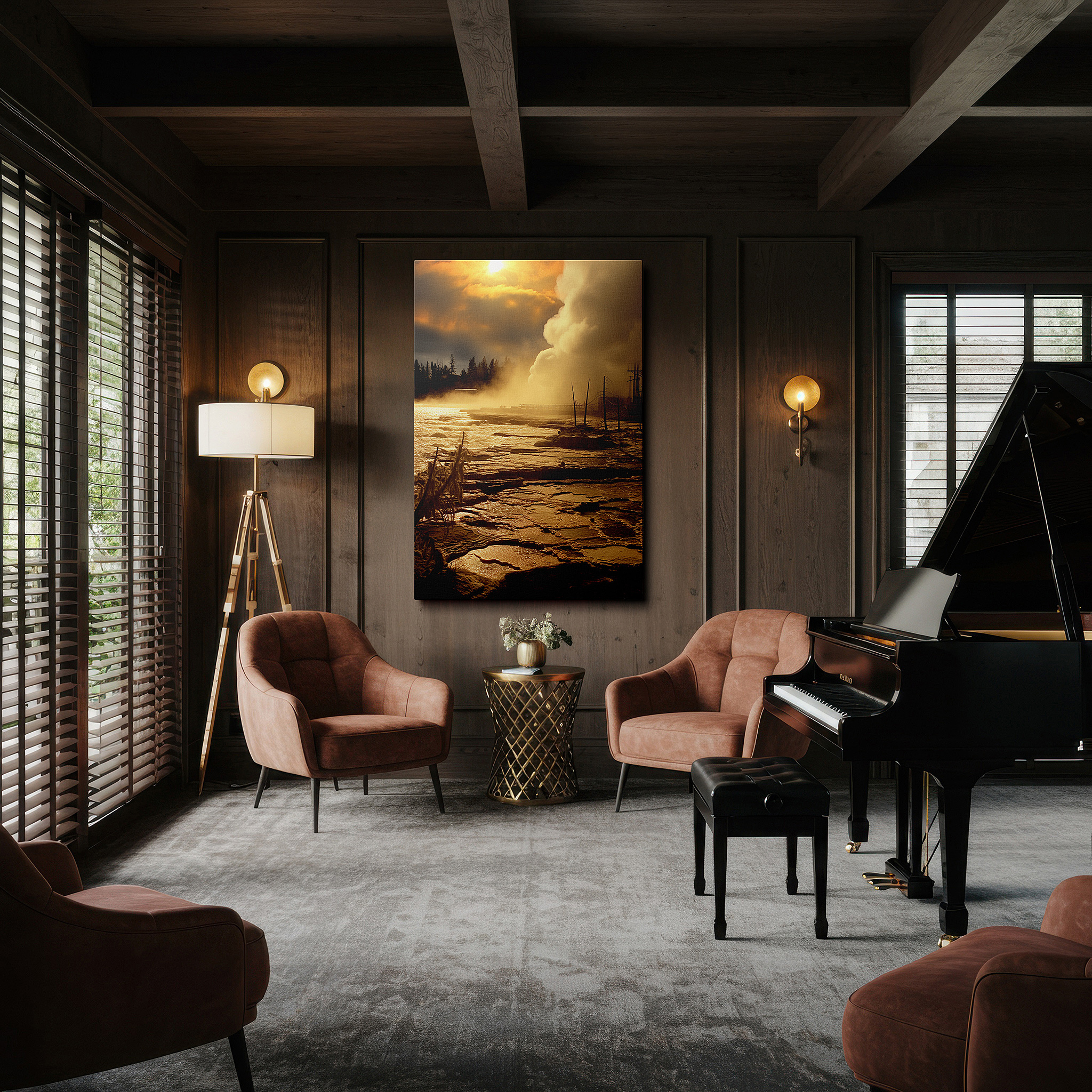 Bathed in morning sunlight streaming through sheer curtains — sunrise embrace - transforming the ordinary with golden light and mist large wall art, canvas wall art, wall decor for office