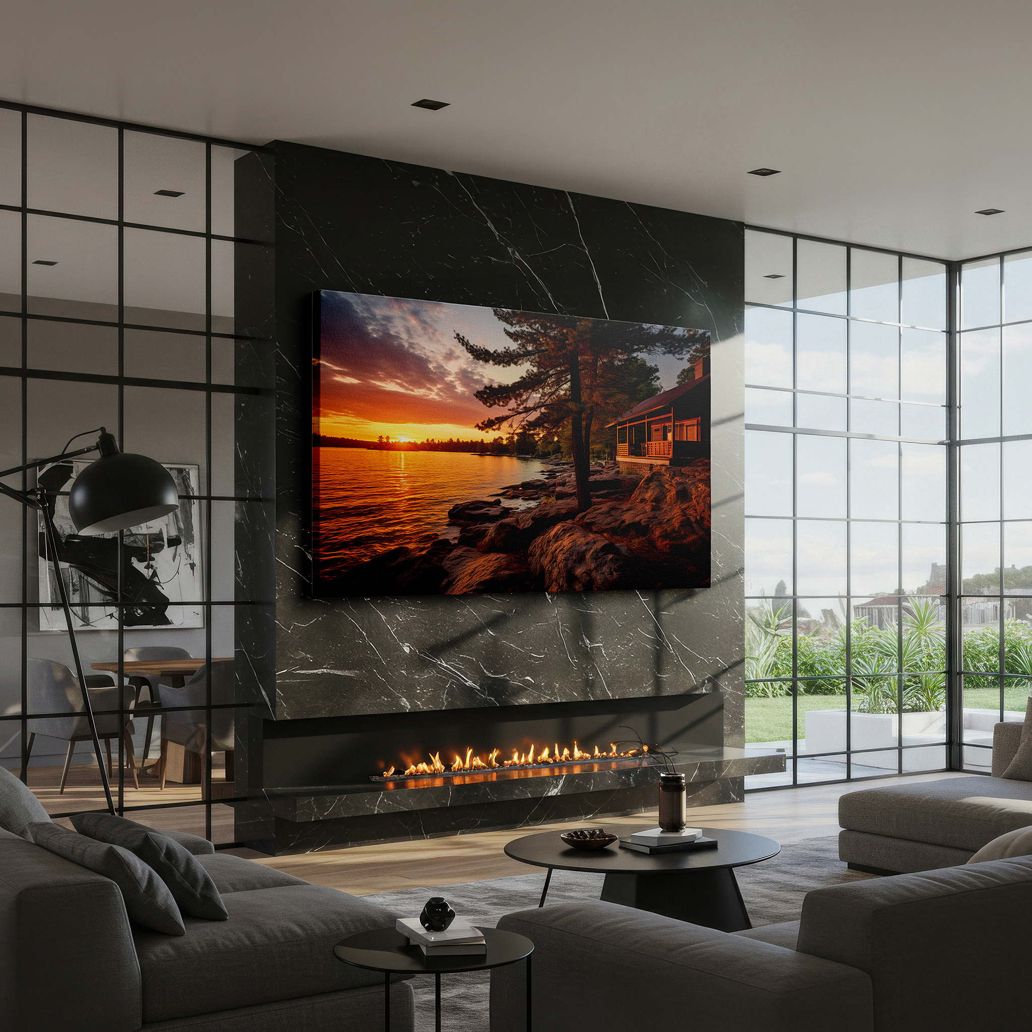 Bathed in morning sunlight streaming through sheer curtains — sunset embrace at the secluded lakeside cabin: large canvas wall art for office, bedroom, and living room decor