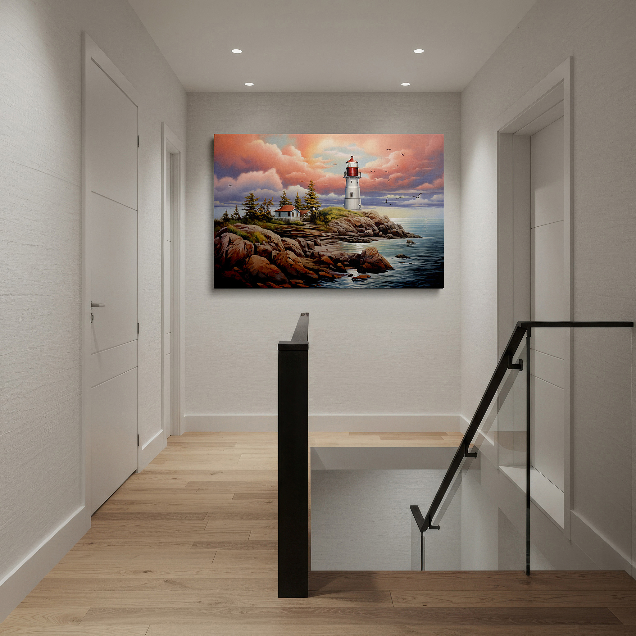 Bathed in morning sunlight streaming through sheer curtains — sunset at the majestic lighthouse: a beacon of hope on the rugged coast - large canvas wall art for office and bedroom decor