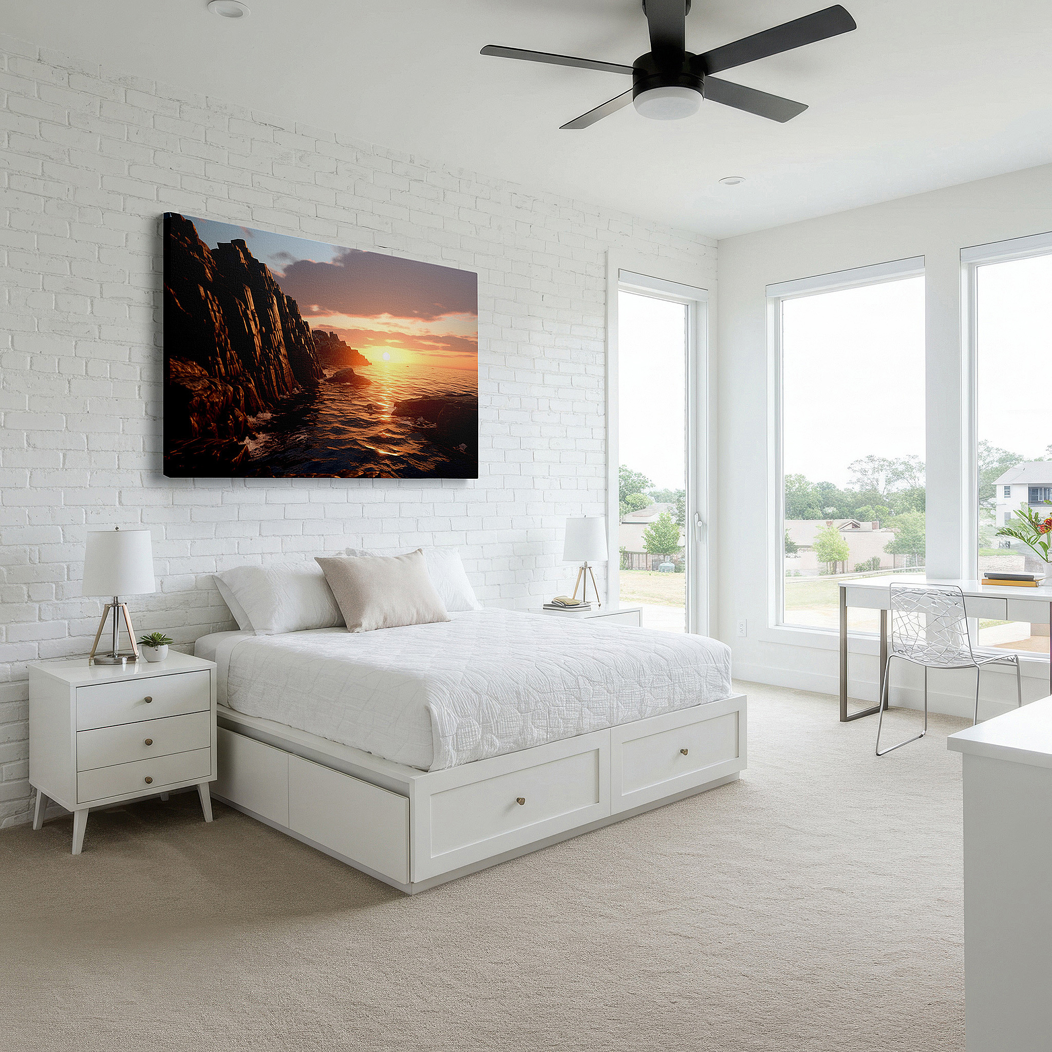 Bathed in morning sunlight streaming through sheer curtains — sunset over rugged coastline: a symphony of light and tranquility - large canvas wall art for office and bedroom decor