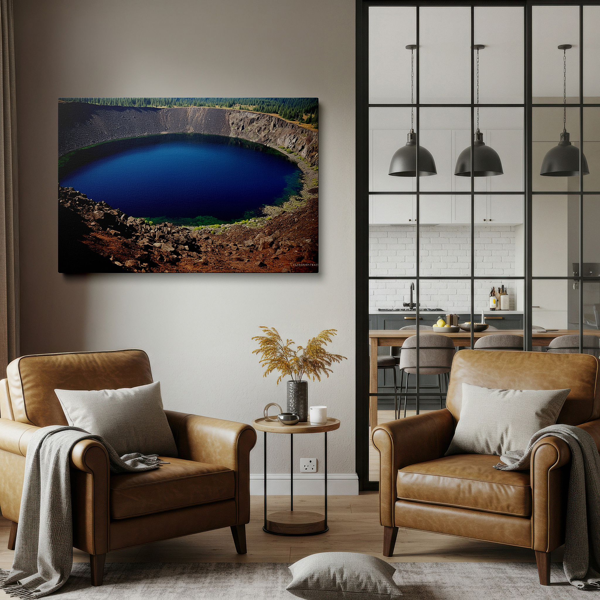 Bathed in morning sunlight streaming through sheer curtains — tranquil crater lake surrounded by lush greenery and rugged cliffs large wall art, canvas wall art, wall decor for office, bedroom, and living room