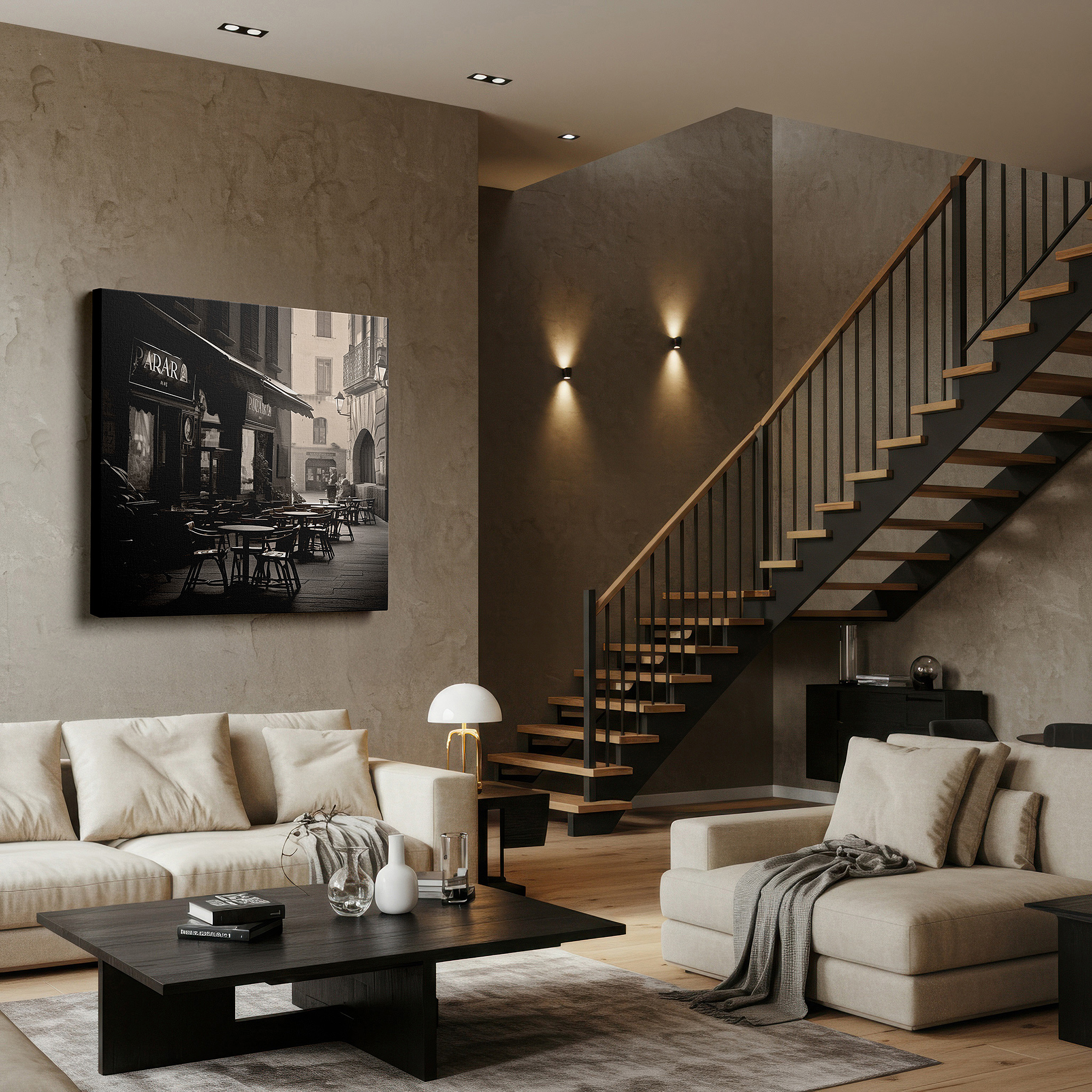 Bathed in morning sunlight streaming through sheer curtains — urban café wall art: tranquil scene with sleek chairs and enigmatic black signboard - large canvas art for home and office decor, perfect for living room and bedroom