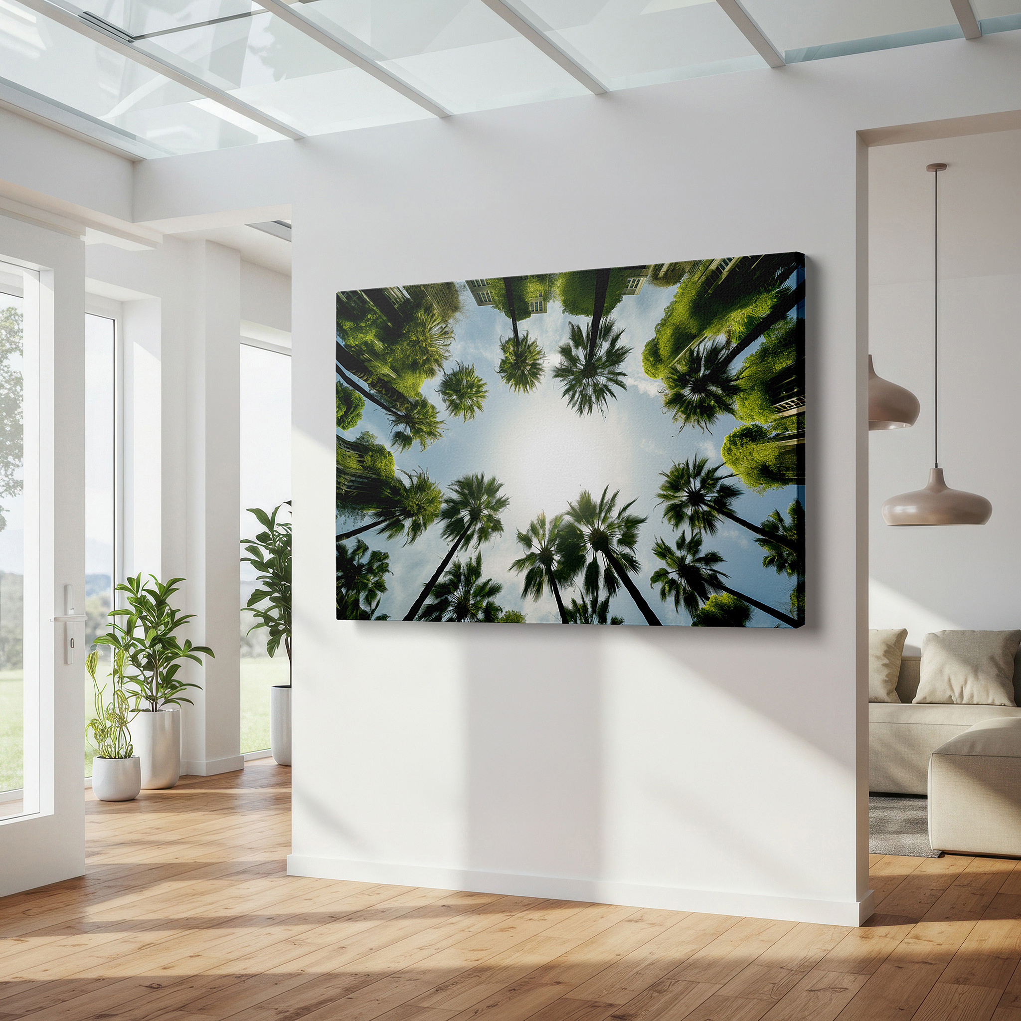 Bathed in morning sunlight streaming through sheer curtains — urban oasis in the heart of the city: a tranquil fusion of nature and design - large wall art, canvas wall art, wall decor for office and bedroom