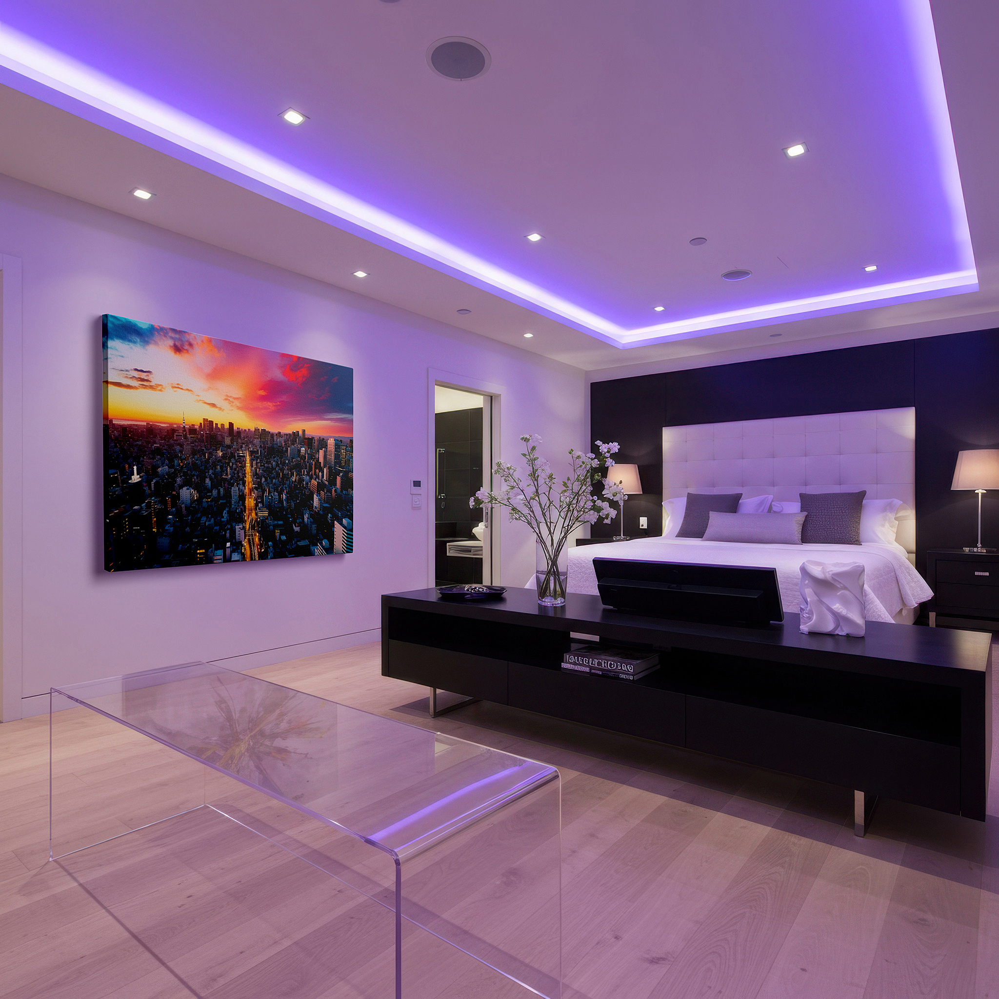 Bathed in morning sunlight streaming through sheer curtains — urban sunset enchantment: a vivid symphony of light and architecture - large canvas wall art for office and bedroom decor
