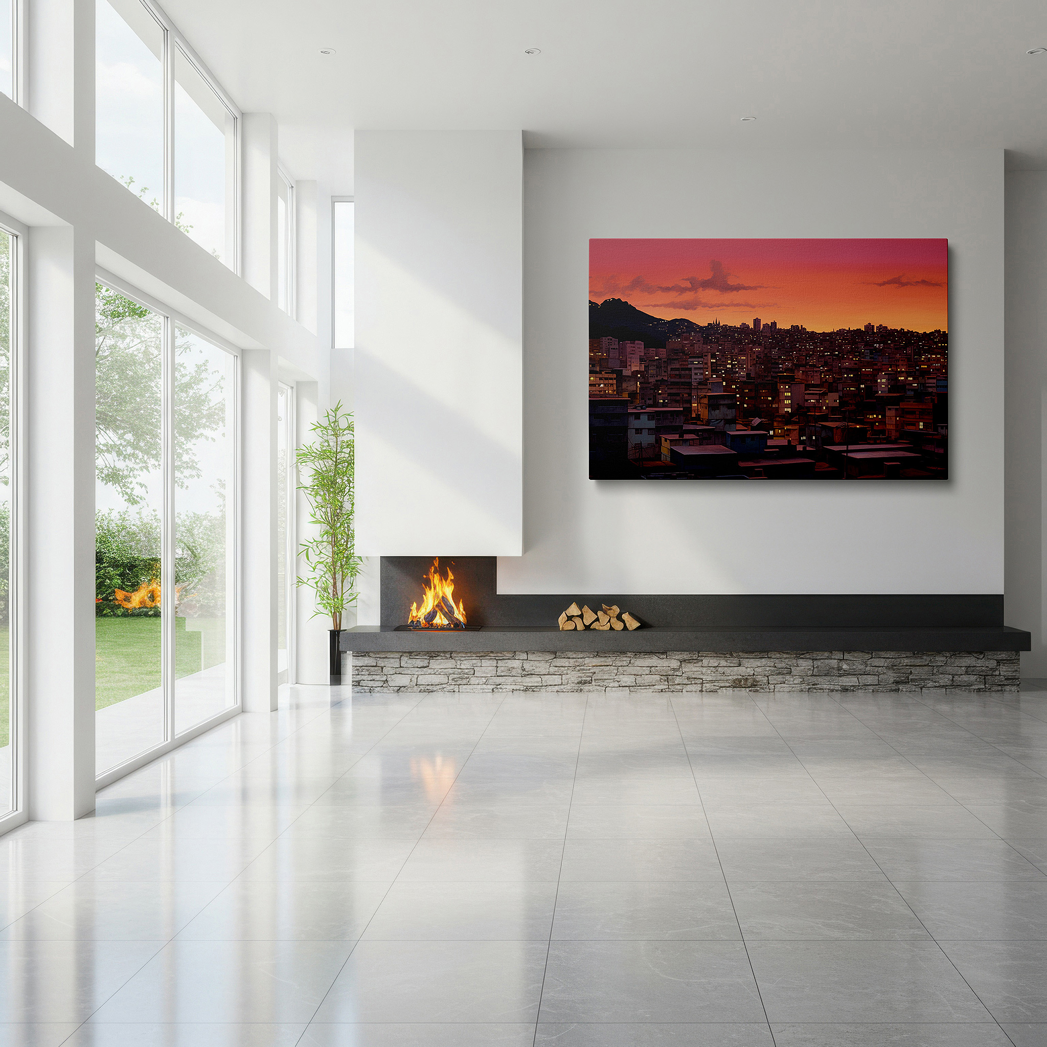 Bathed in morning sunlight streaming through sheer curtains — urban twilight: dusk panorama - vibrant skies and lit skyscrapers, large canvas wall art for office decor