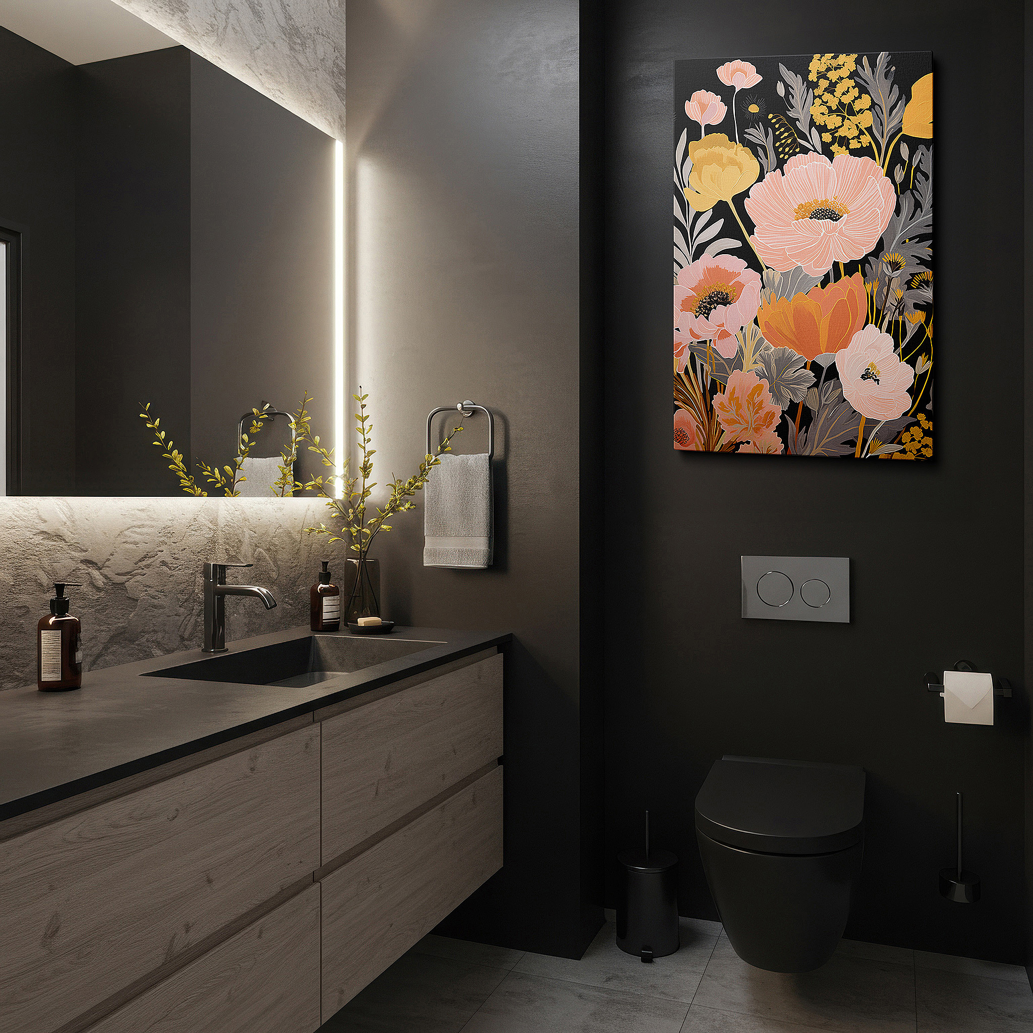 Bathed in morning sunlight streaming through sheer curtains — vibrant pastel flowers on a stark black background - celebrating nature's delicate artistry, large canvas wall art