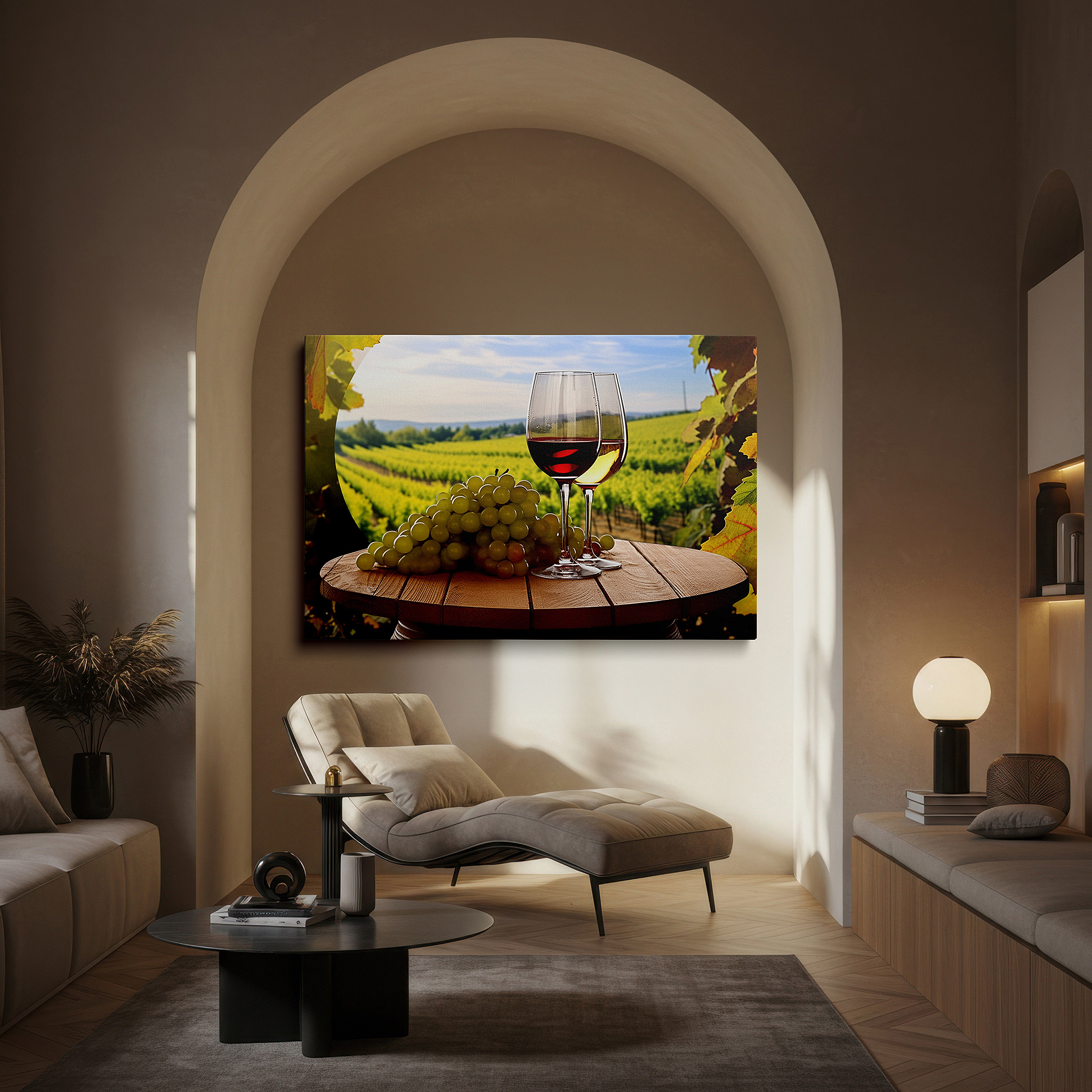 Bathed in morning sunlight streaming through sheer curtains — vineyard serenity wall art: celebrate winemaking with this sunlit retreat-themed large canvas, perfect for office or bedroom decor.