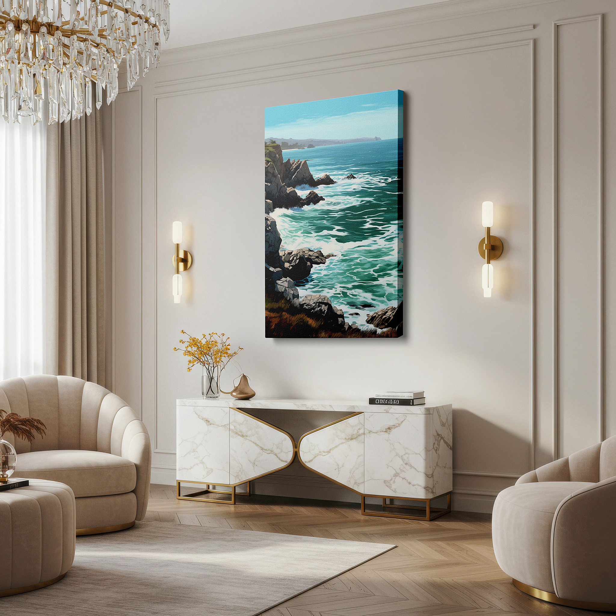 Bathed in morning sunlight streaming through sheer curtains — vivid ocean waves crashing on rugged rocks large canvas wall art for office and bedroom decor