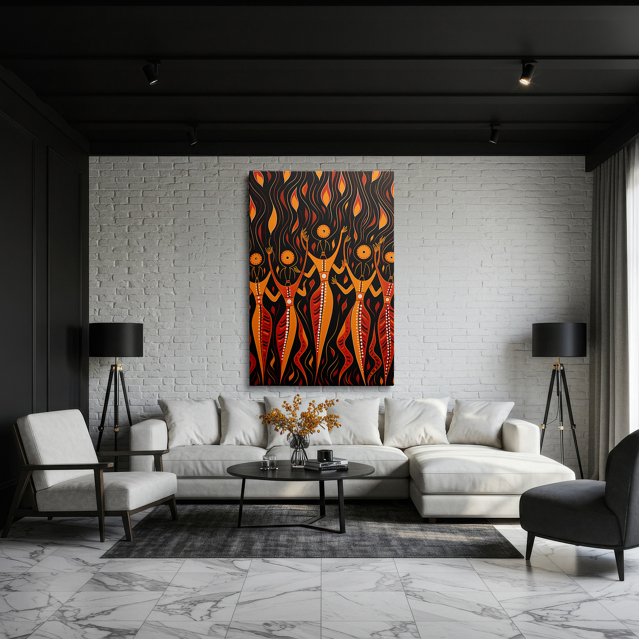 Bathed in morning sunlight streaming through sheer curtains — wall art: abstract dancers - ethereal dance of spirit and flame in fiery motion, large canvas wall art for office and bedroom decor