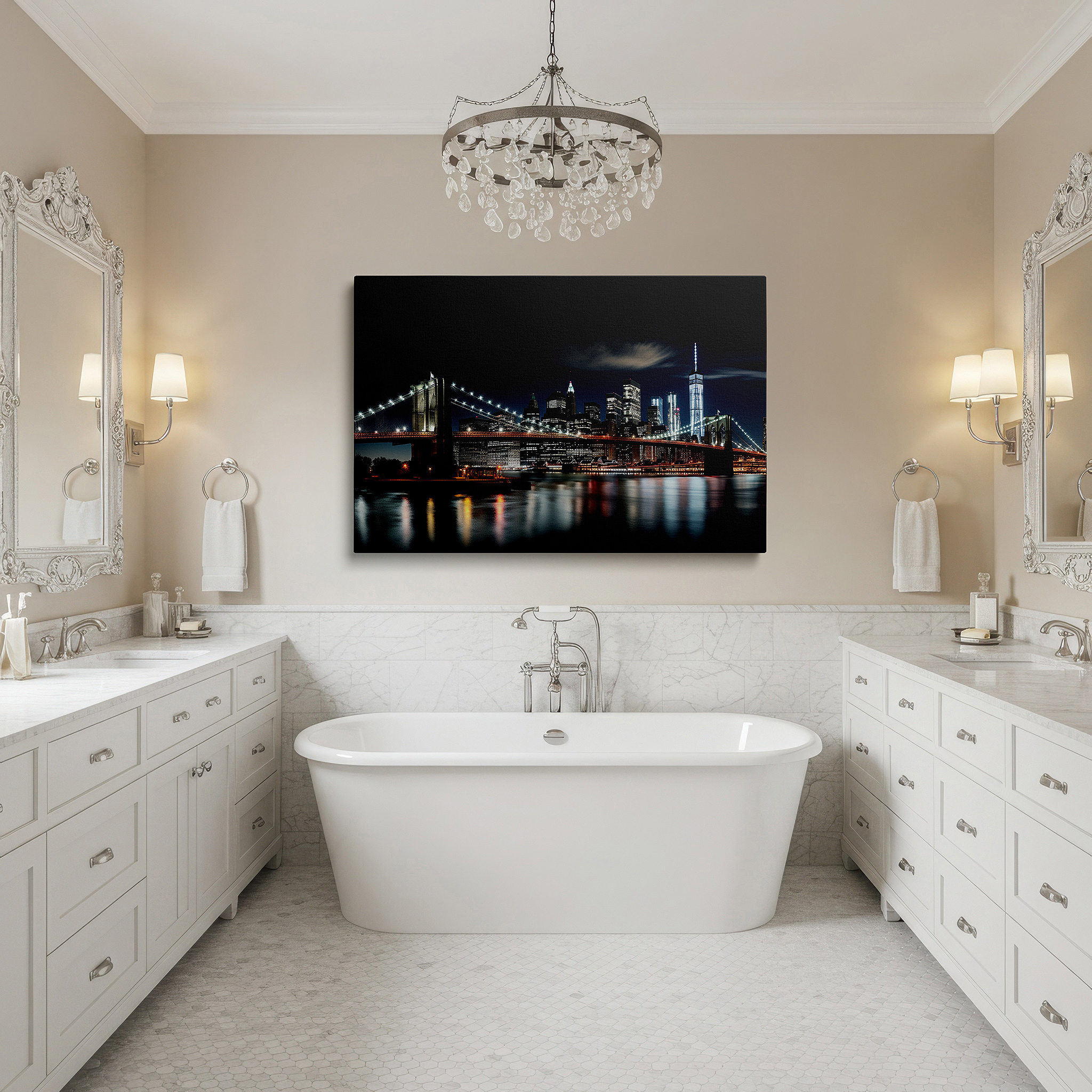 Bathed in morning sunlight streaming through sheer curtains — wall art: enchanting nighttime view of brooklyn bridge and new york city skyline - urban tapestry, large canvas wall art for home and office decor