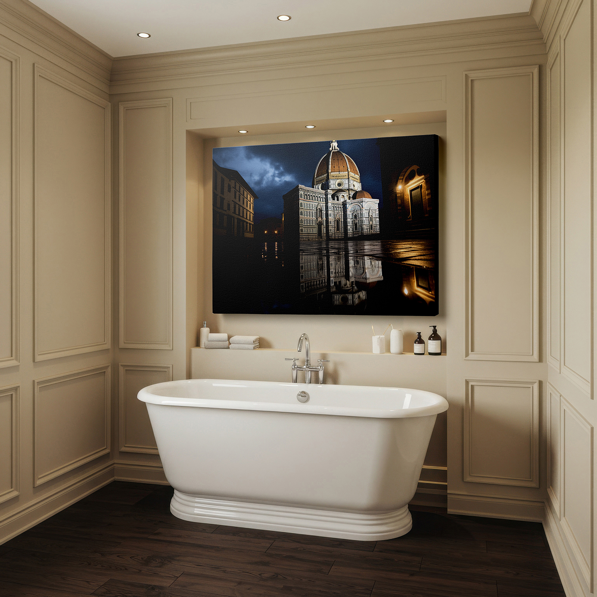 Bathed in morning sunlight streaming through sheer curtains — wall art: florence's duomo - a symbol of hope in stormy reflections. large canvas wall art for office and bedroom decor.