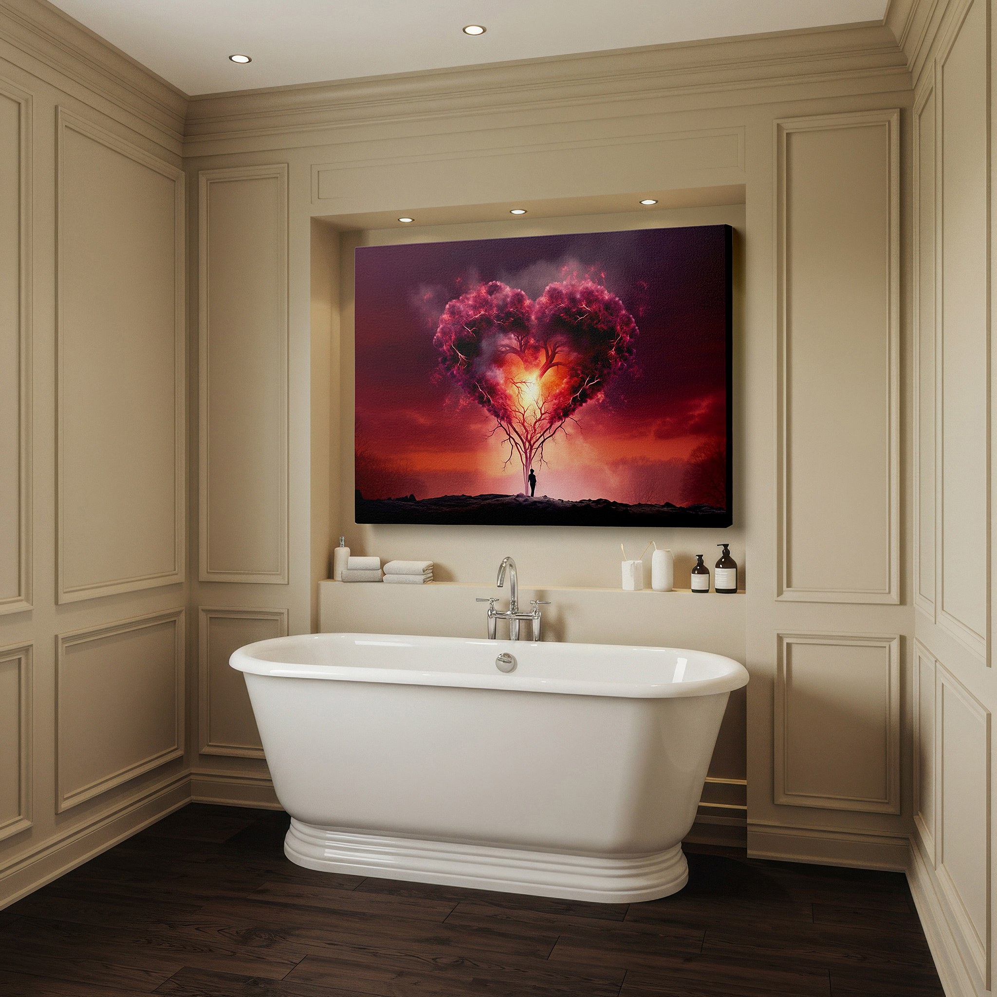 Bathed in morning sunlight streaming through sheer curtains — wall art: heart-shaped tree with fiery background - symbolizing the intensity of love and the serenity of nature. large canvas wall art for home and office decor.