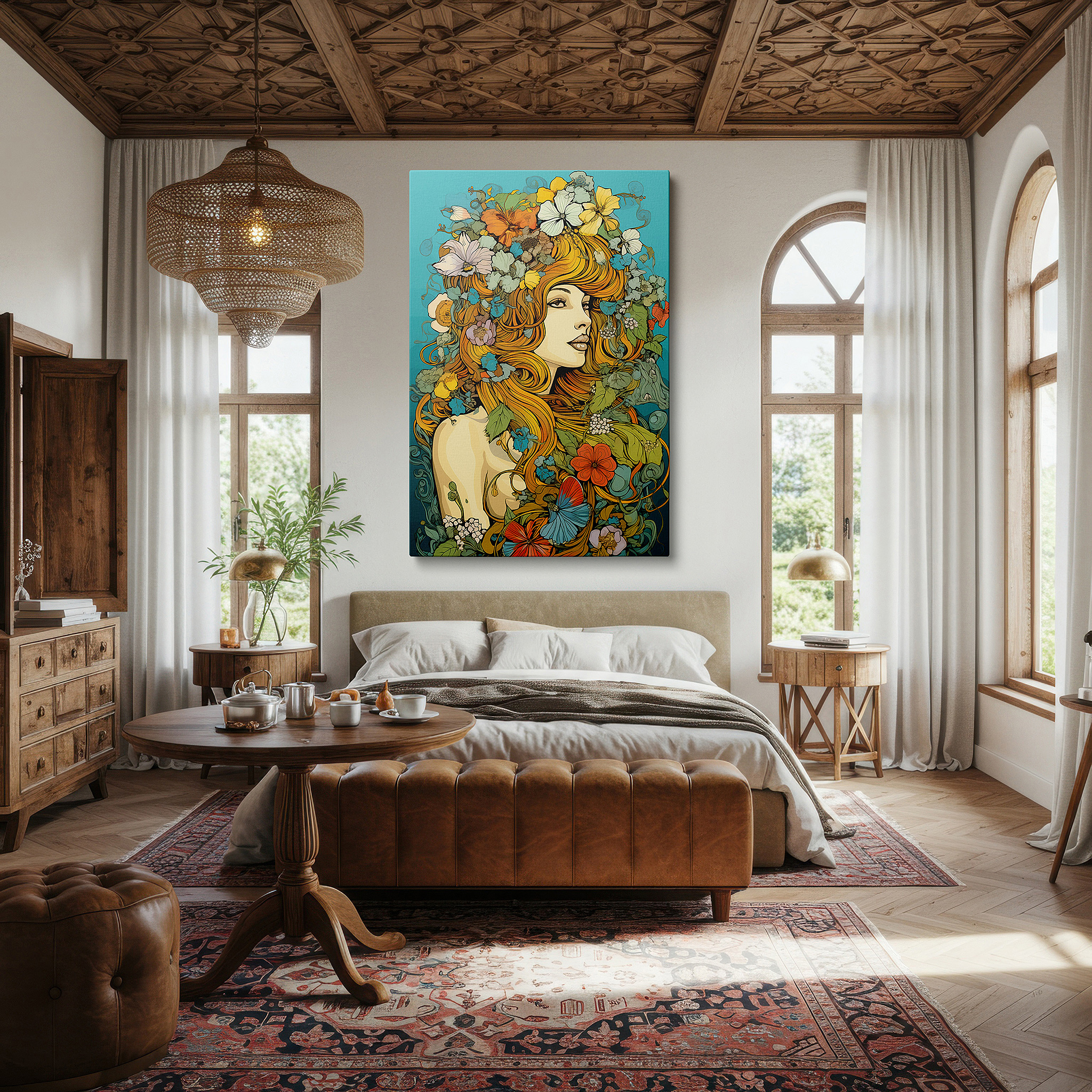 Bathed in morning sunlight streaming through sheer curtains — wall art: a lush floral portrait blending femininity with nature - large canvas wall art for office and bedroom decor