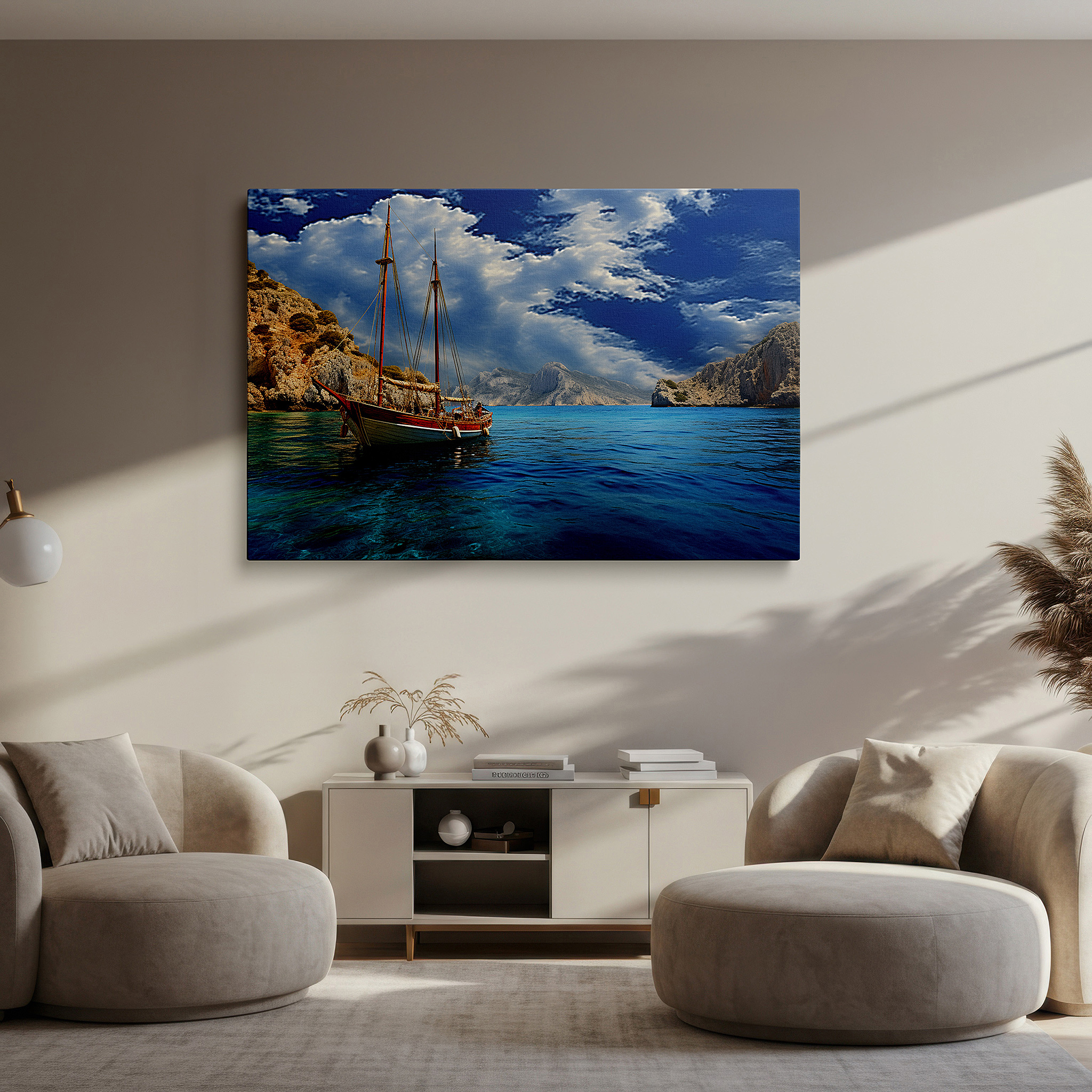 Bathed in morning sunlight streaming through sheer curtains — wall art: majestic sailing vessel and towering cliffs - a journey of resilience and discovery. large canvas wall art for office decor.
