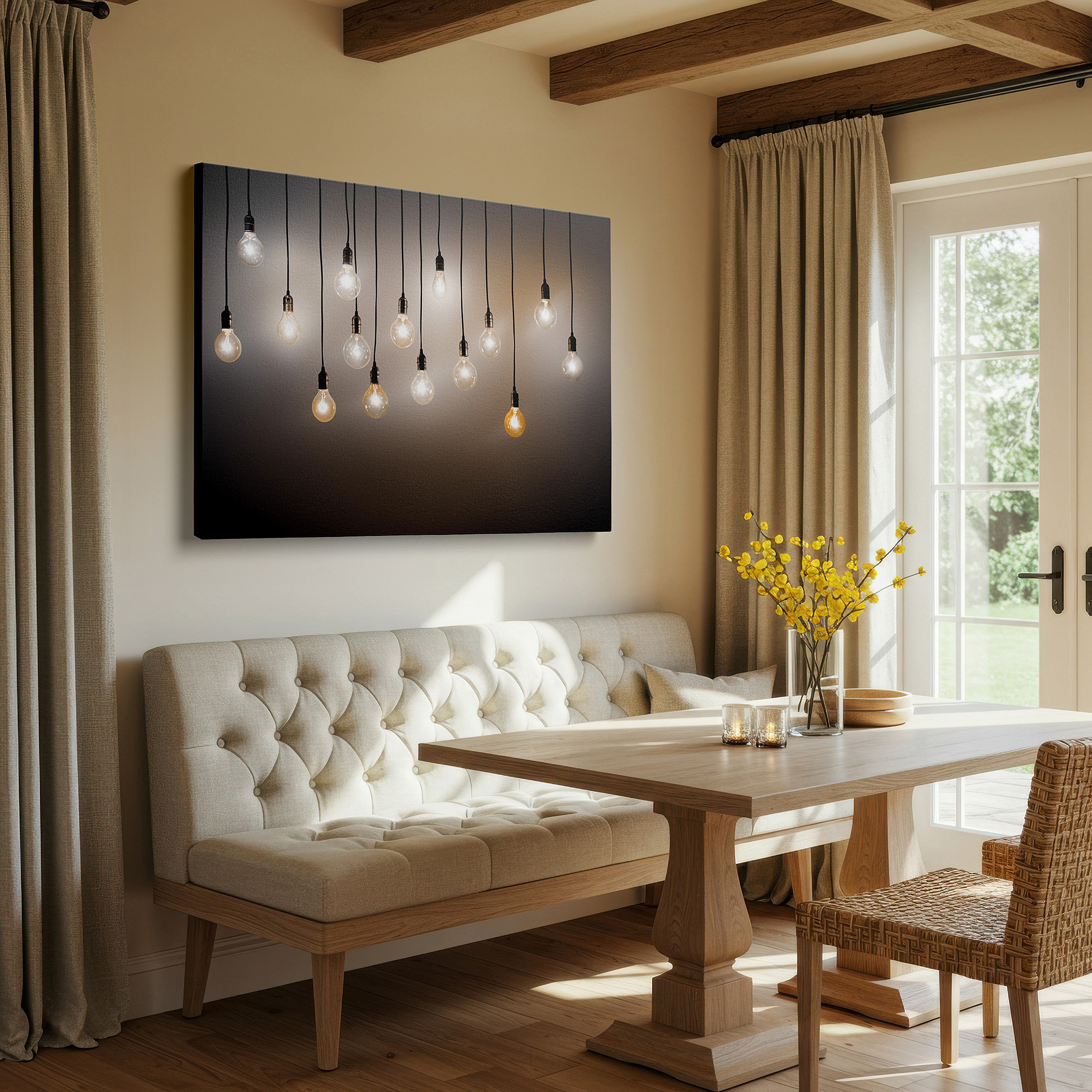 Bathed in morning sunlight streaming through sheer curtains — wall art: radiant display of suspended light bulbs, combining antique appeal with contemporary style - large canvas wall art for home and office decor