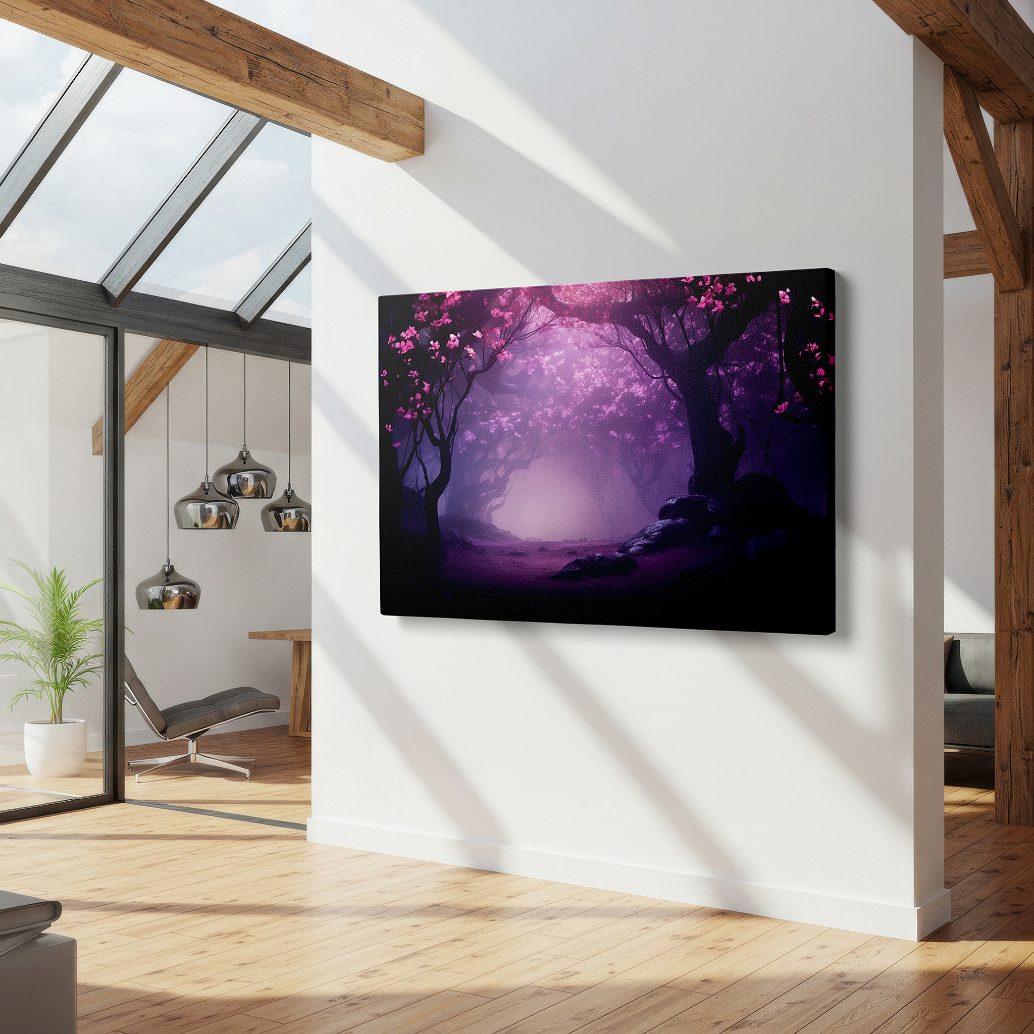 Bathed in morning sunlight streaming through sheer curtains — wall art: serene misty forest and blossoming cherry trees - discover the quiet whispers of nature with this large canvas wall art for home and office decor