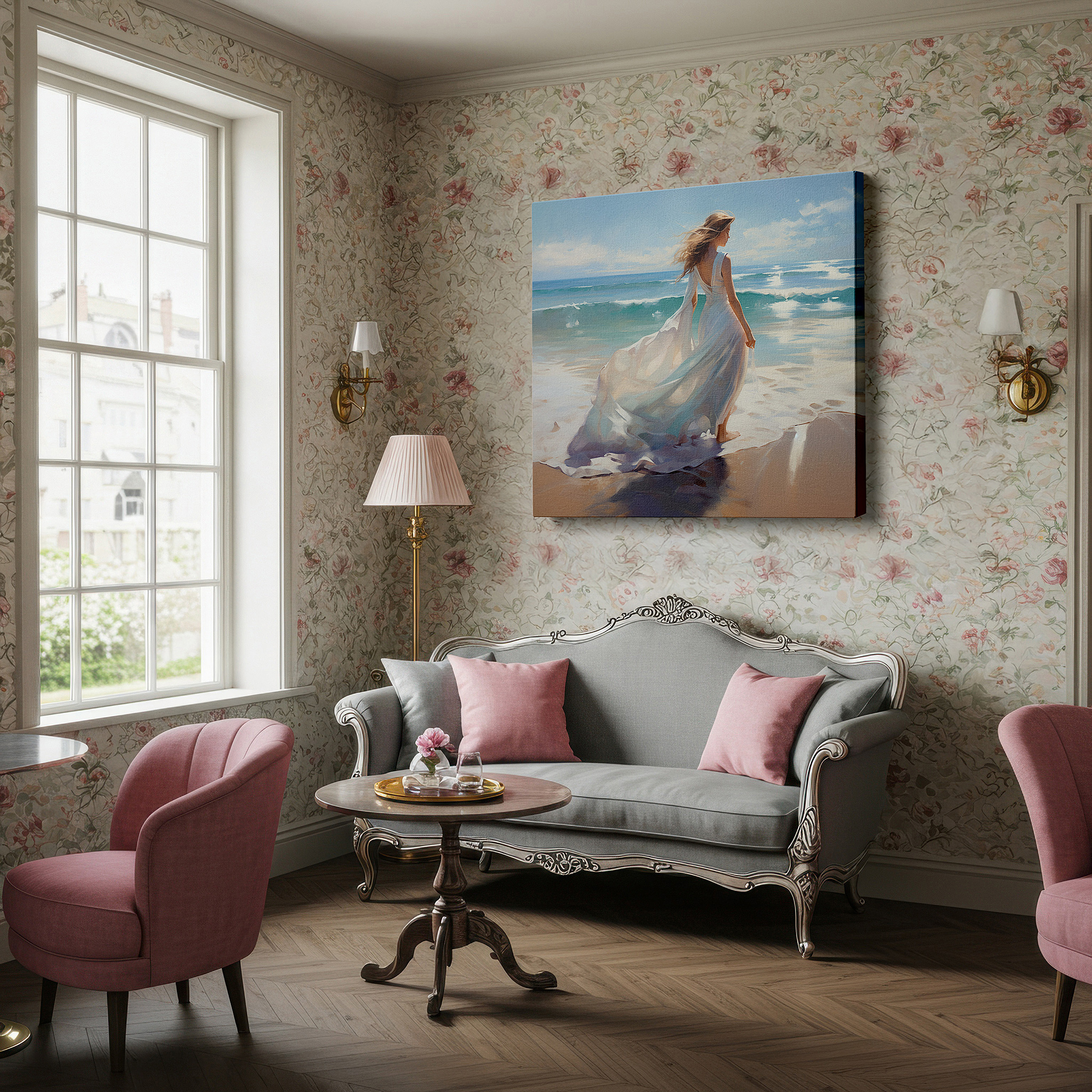 Bathed in morning sunlight streaming through sheer curtains — wall art: a solitary figure in white on a sunlit shoreline - experience tranquility and connection with nature. ideal for home or office decor, available as large canvas wall art.