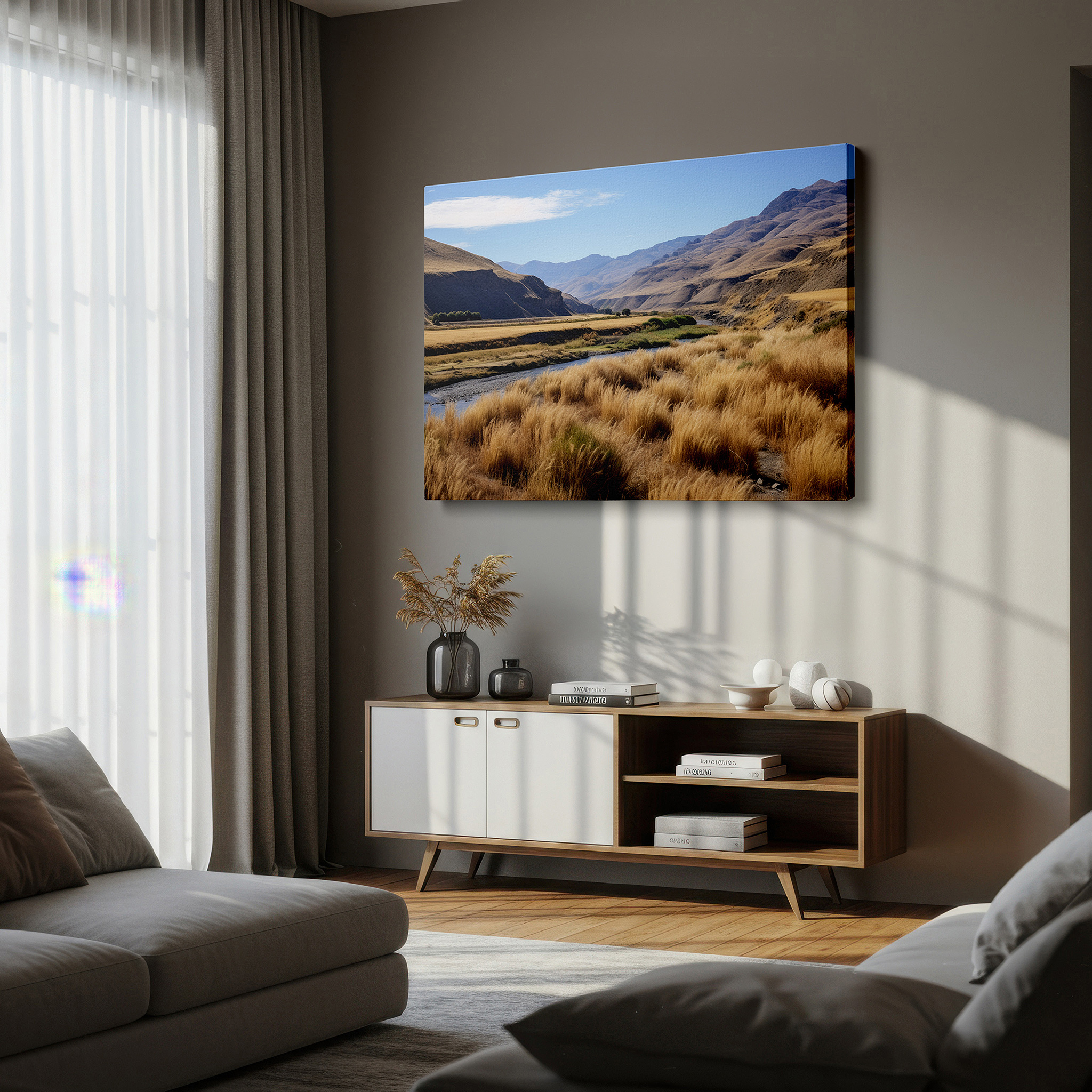 Bathed in morning sunlight streaming through sheer curtains — wall decor: dry riverbed with golden grasses - a striking representation of nature's endurance and elegance. large canvas art for home and office.
