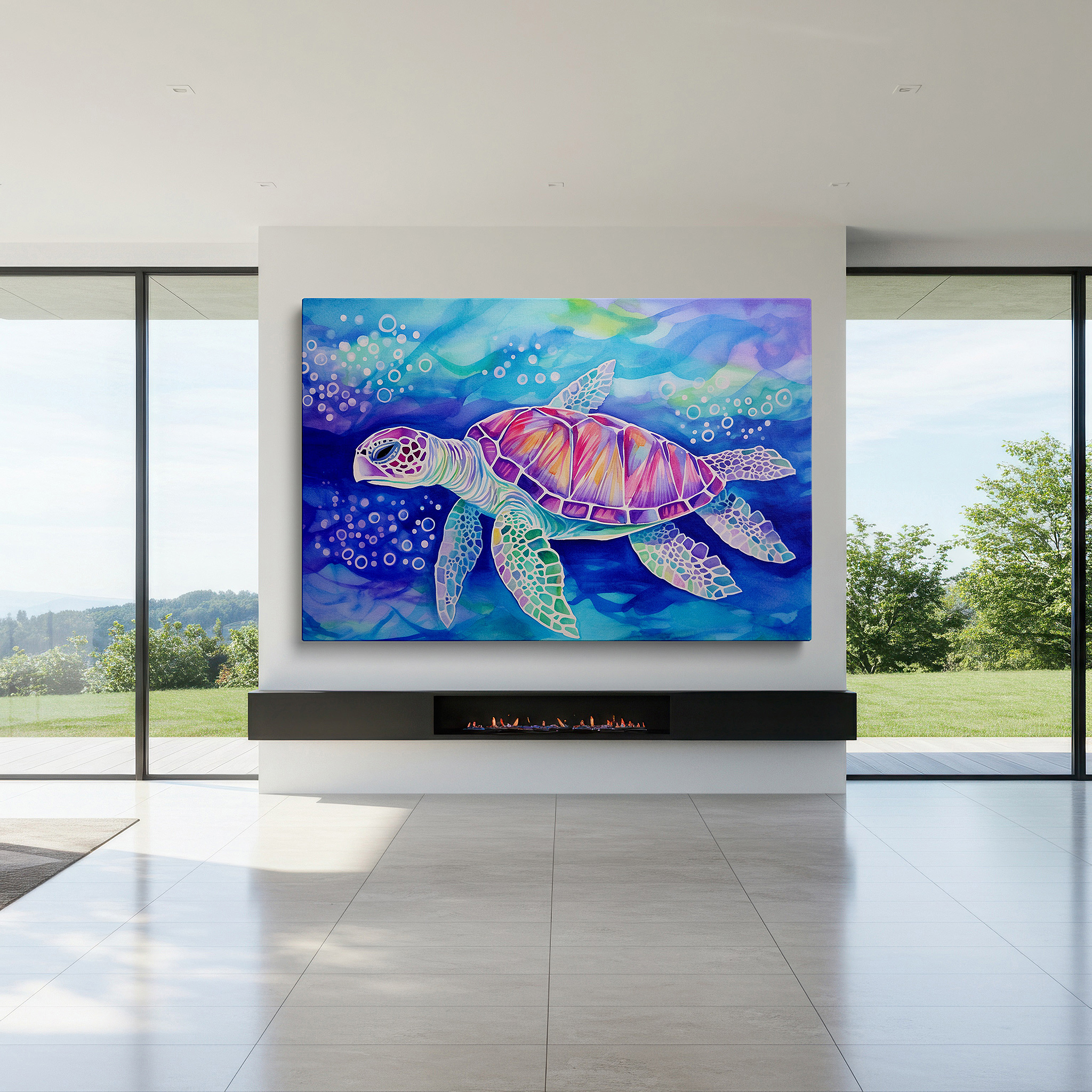 Bathed in morning sunlight streaming through sheer curtains — wall decor: elegant turtle traverses blue waters, representing oceanic knowledge and preservation - large canvas wall art for home and office decor