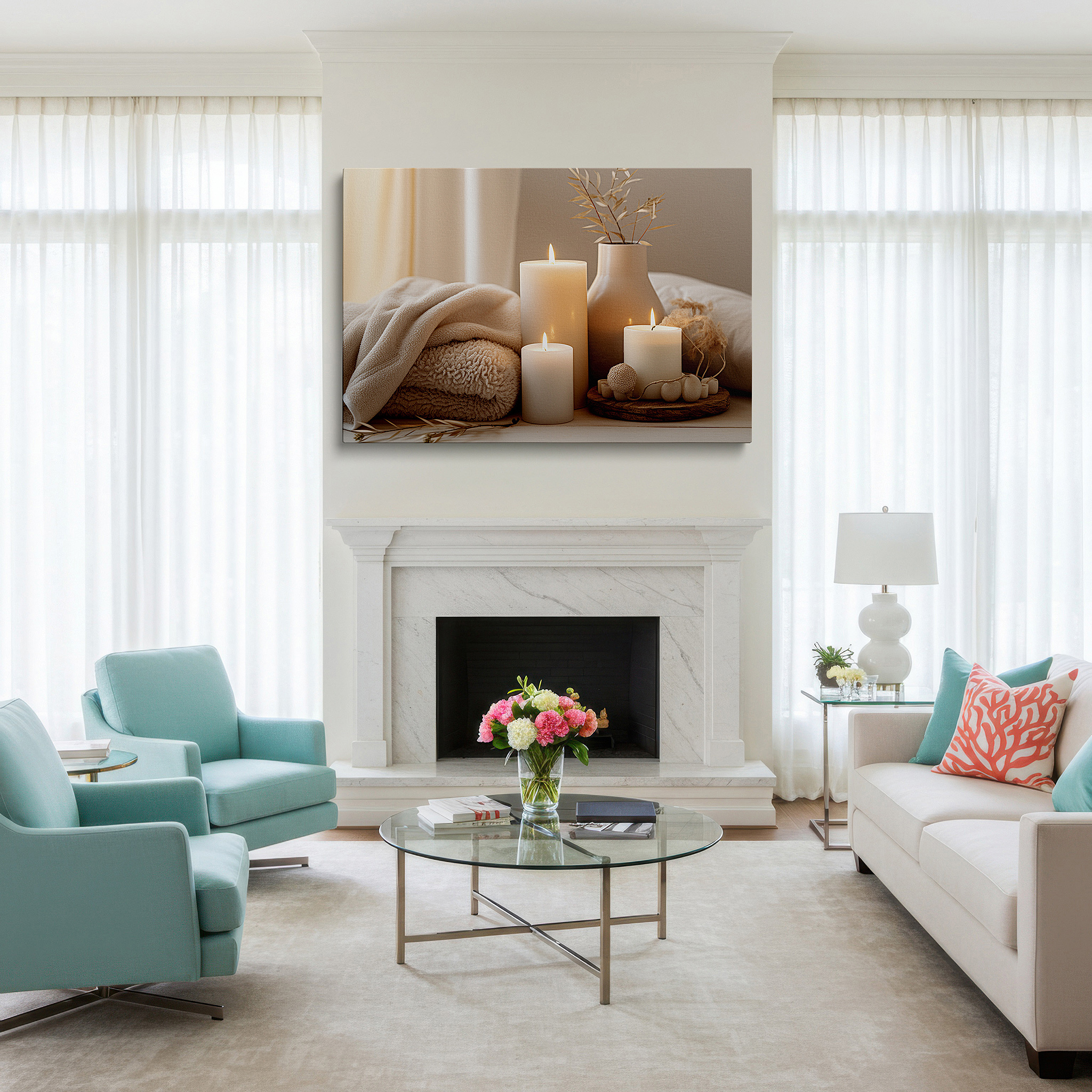 Bathed in morning sunlight streaming through sheer curtains — wall decor: peaceful indoor scene with soft lighting from candles and comfortable fabrics for a calm escape - large canvas art, decorative wall art, office and bedroom wall art