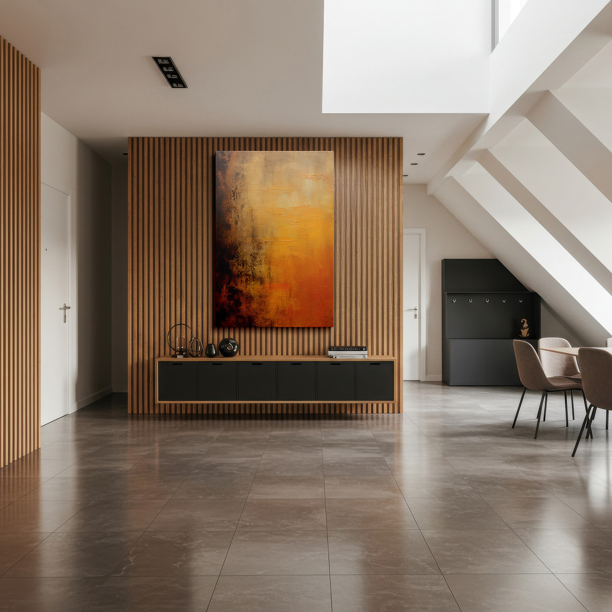 Bathed in morning sunlight streaming through sheer curtains — warm orange and cool brown tones on textured canvas, large wall art for office or bedroom decor
